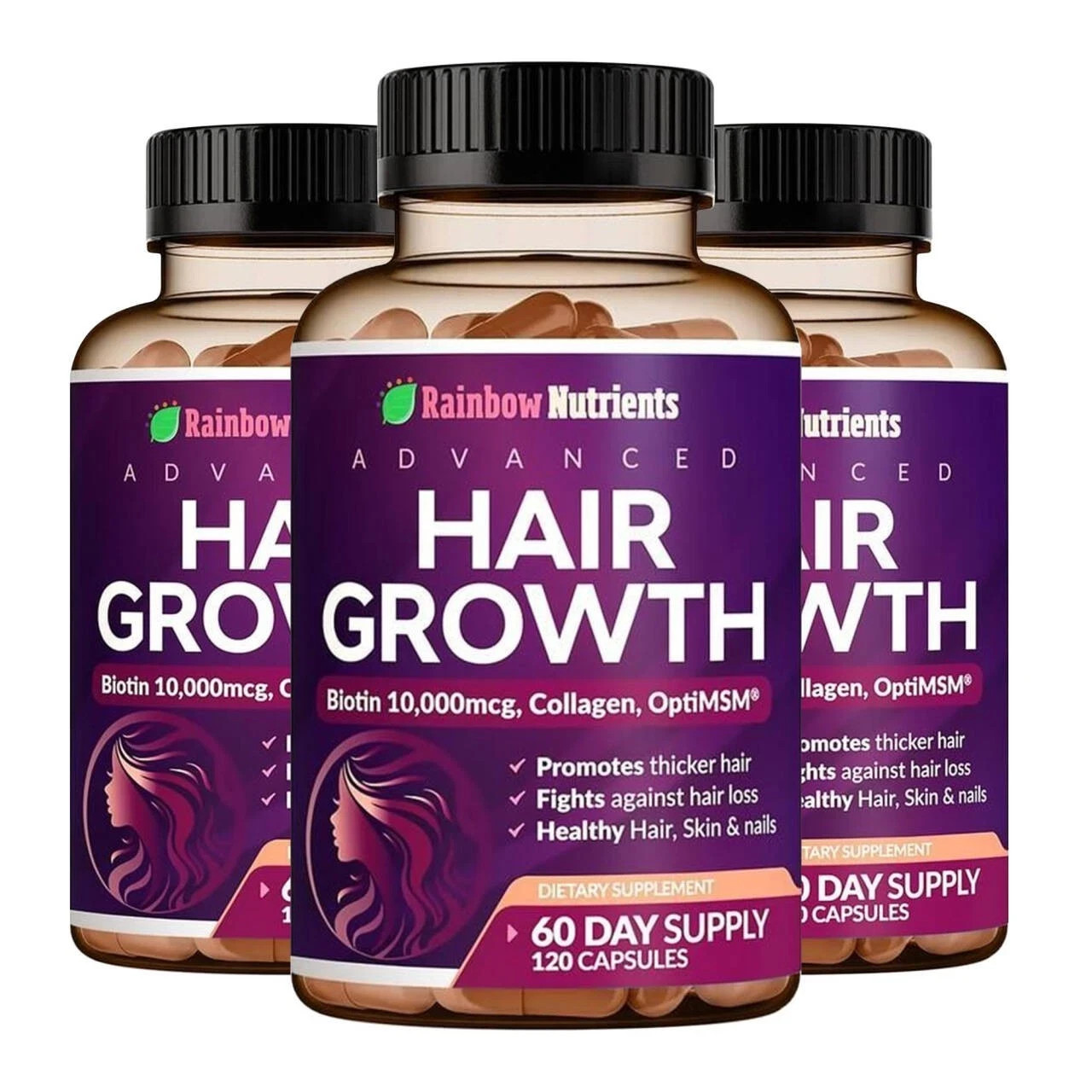 Rainbow Nutrients Hair Growth Vitamins w/ Biotin 10,000mcg &Collagen 120Capsules