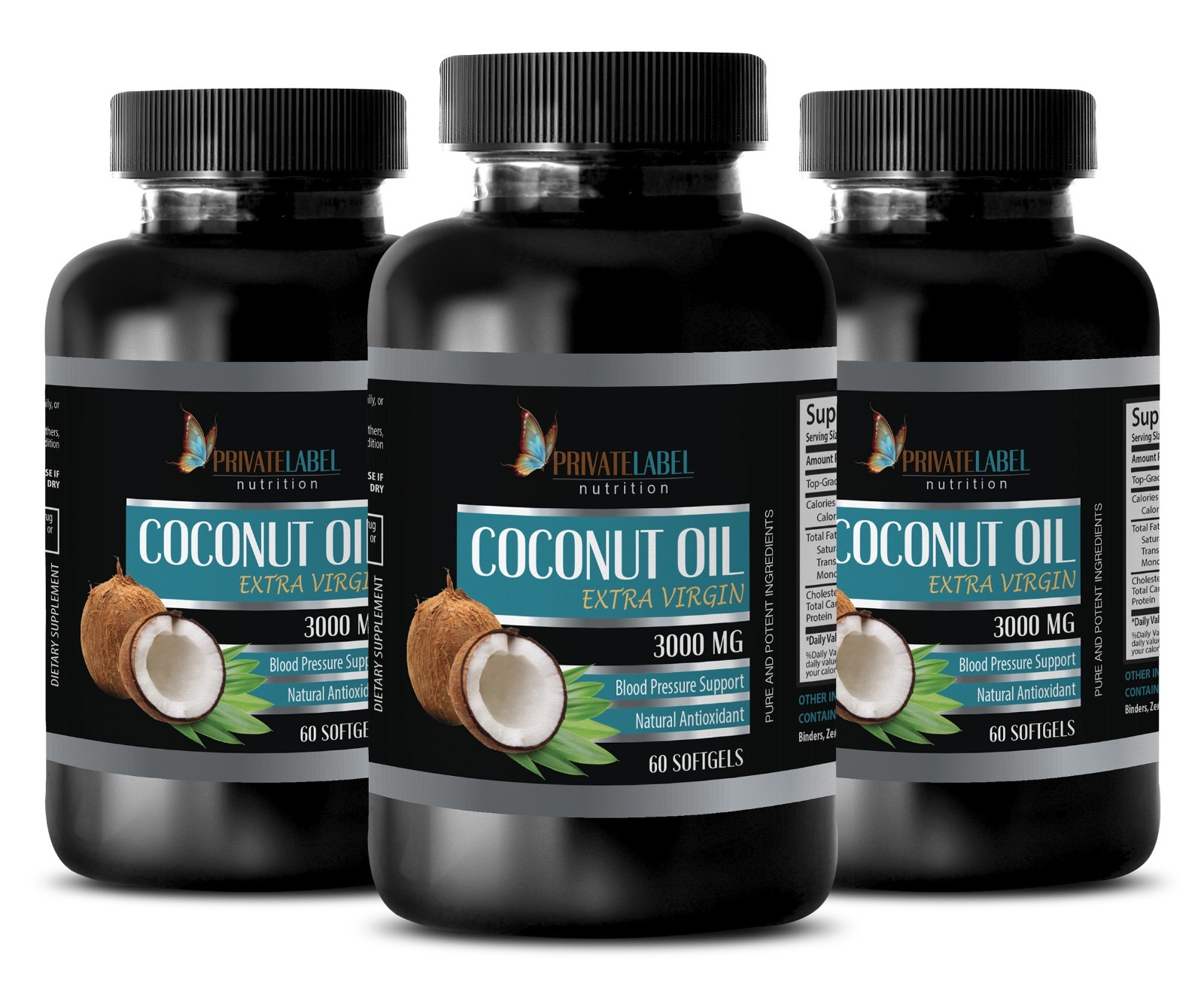 Pure Coconut Oil 3000mg Extra Virgin Non-GMO Fatty Acids 3 Bottles, 180 Capsules