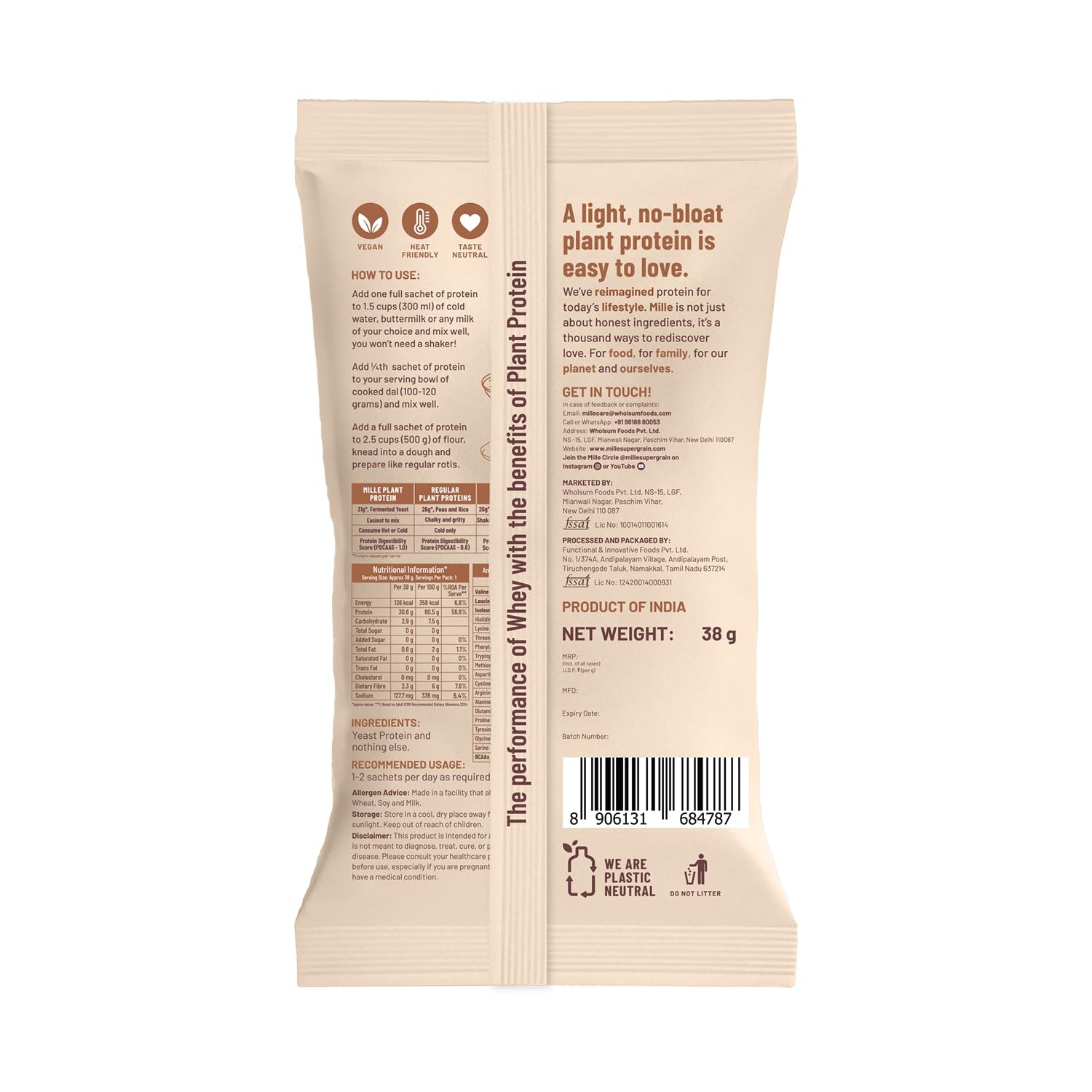 Mille Plant Protein Powder Trial Pack Coffee Hazelnut Vegan 38g x2