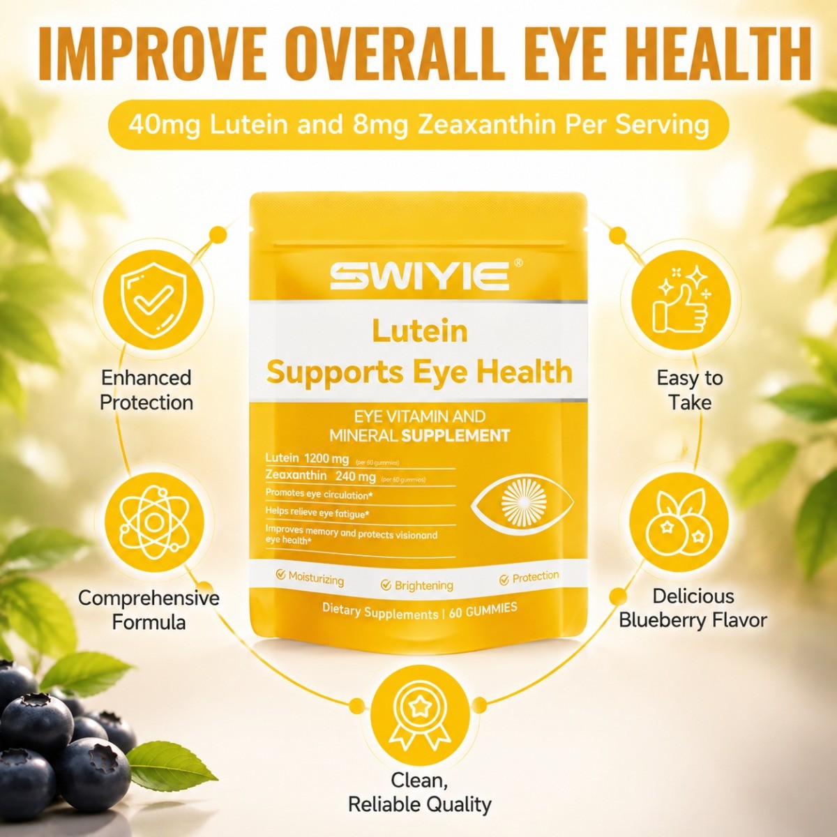 Swiyie Lutein Zeaxanthin Gummies 60ct Blue Light Vision Eye Health Support