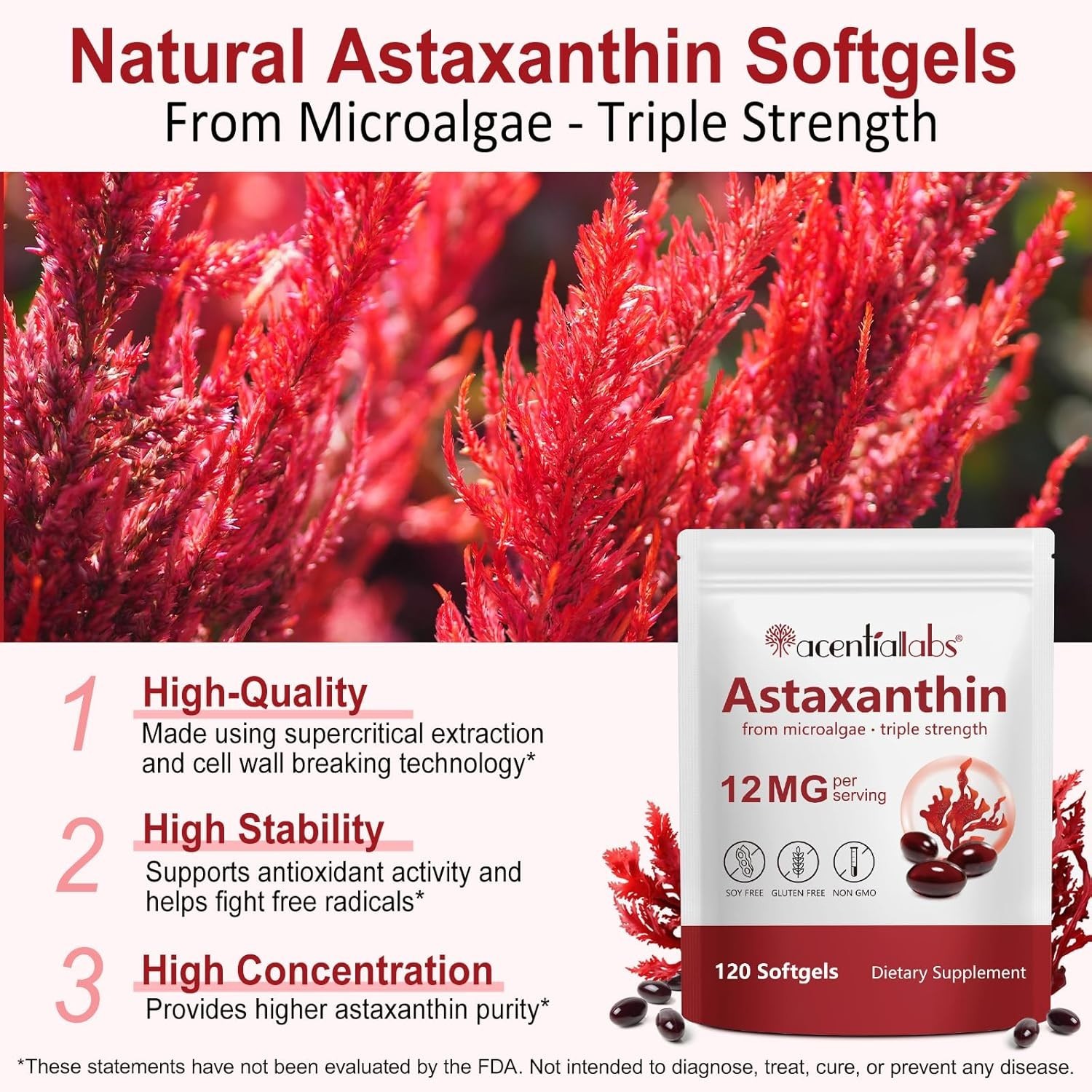 Astaxanthin 12mg 120 Softgels, Microalgae, Antioxidant Supplement, Eye & Skin