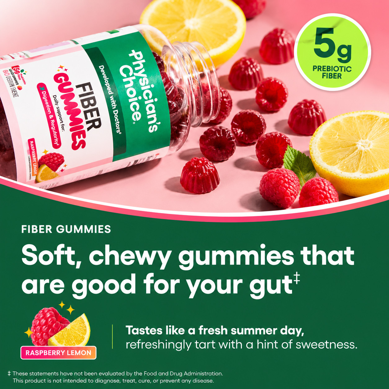 Physician’s Choice Prebiotic Fiber Gummies 5g Zero Sugar Vegan Gut Regularity