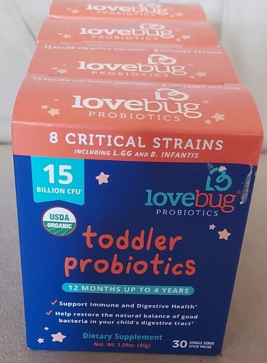 4x Lovebug Organic Toddler Probiotic packets total 120 stick packs Women Owned
