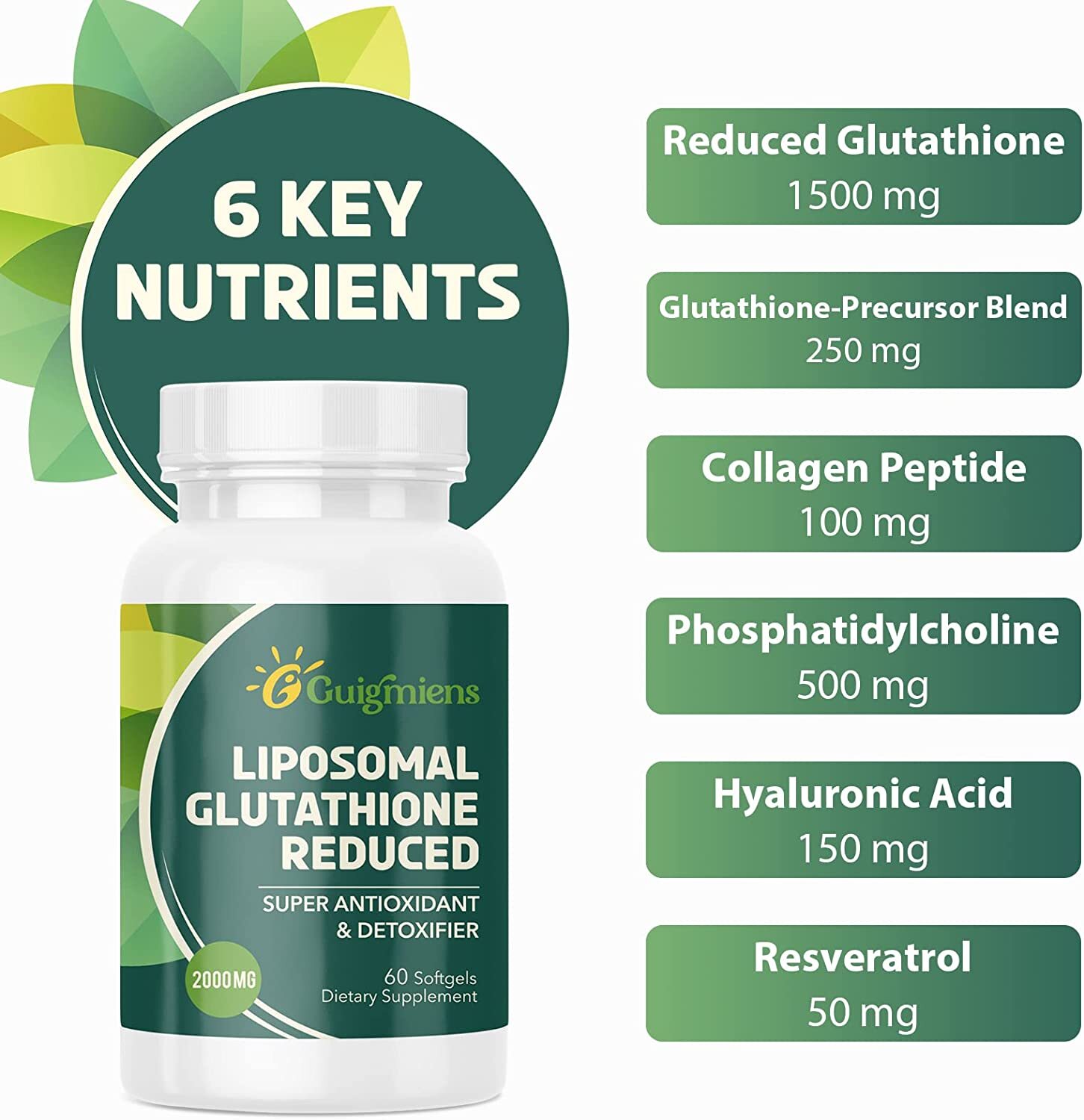LIPOSOMAL GLUTATHIONE 2000mg Resveratrol + Collagen + Hyaluronic Acid Anti Aging