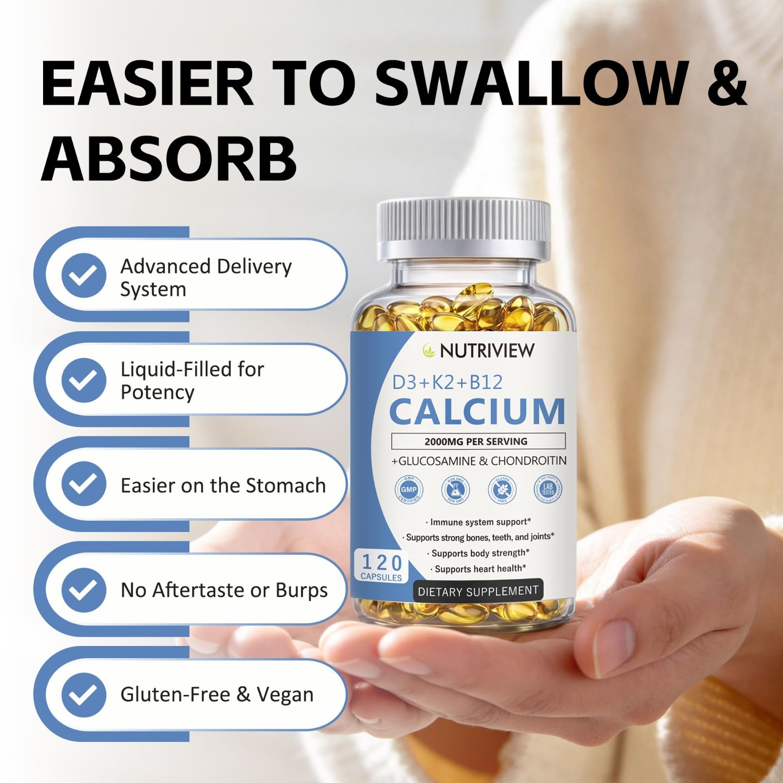 Calcium 2000mg with D3 & K2, High Absorption Non-GMO, 120 Softgels for Bone Heal