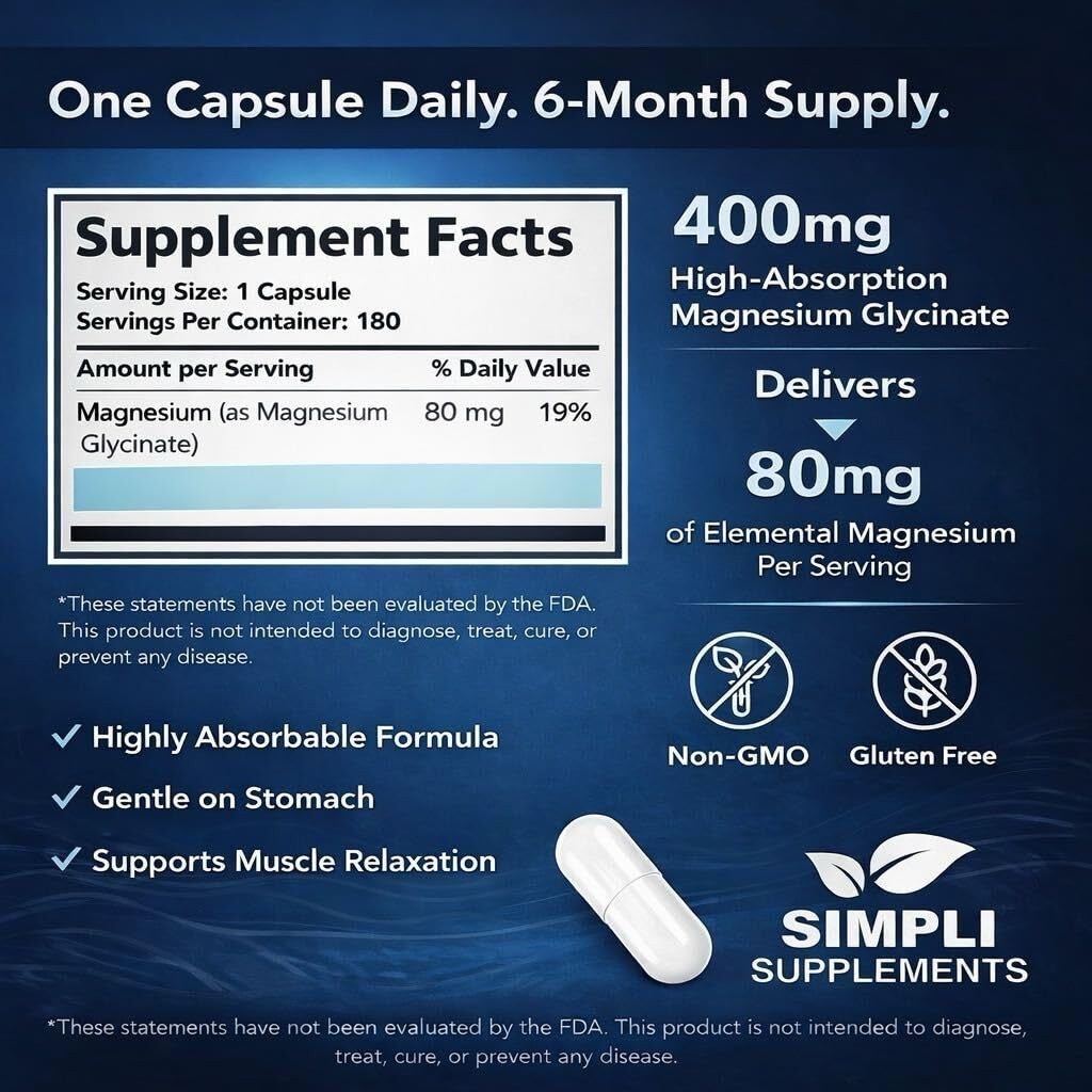 Magnesium Glycinate 400mg per Serving – High Absorption – Gentle on Stomach –…