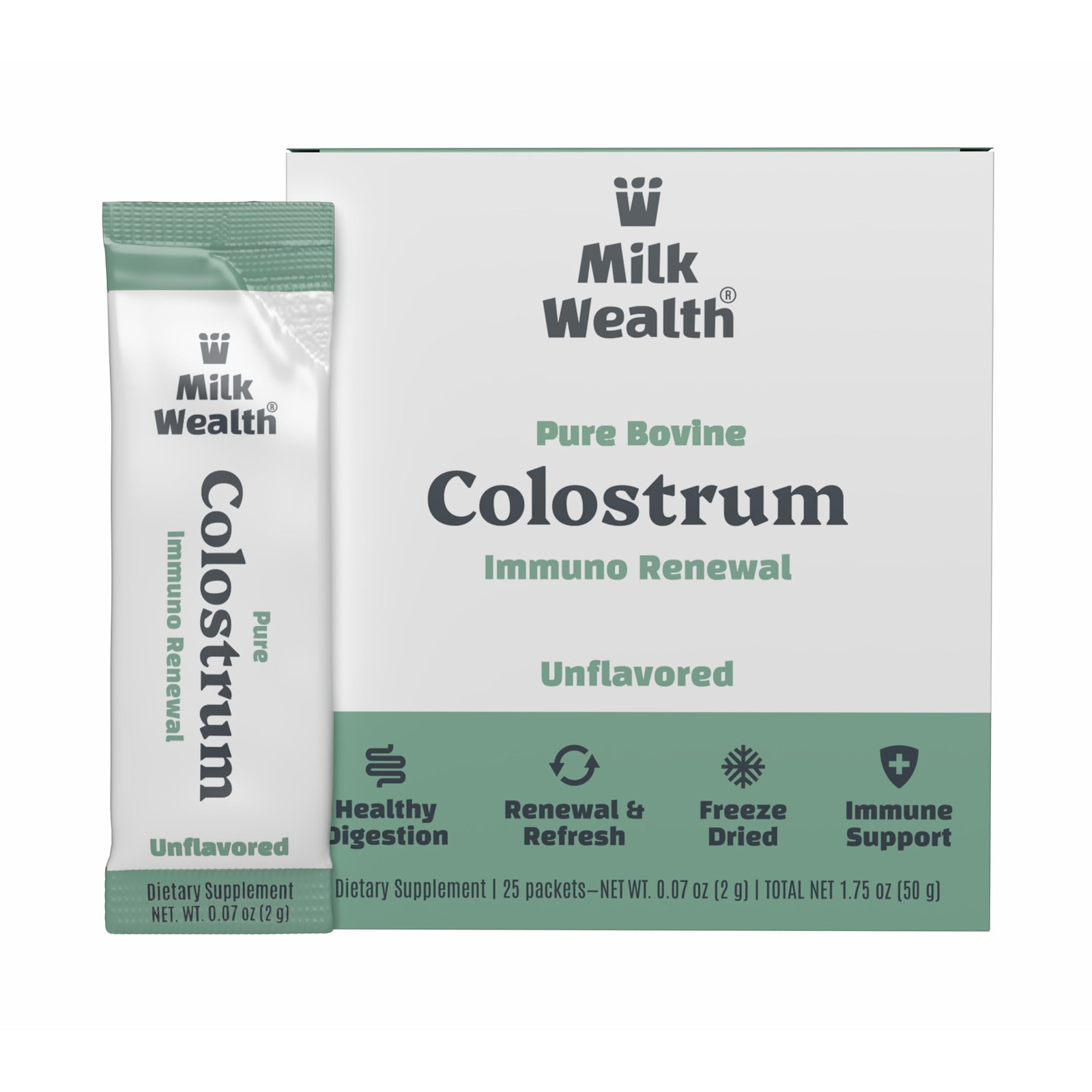 Milk Wealth Bovine Colostrum Powder 50G Igg Gut Health 25 Single-Serve Packets