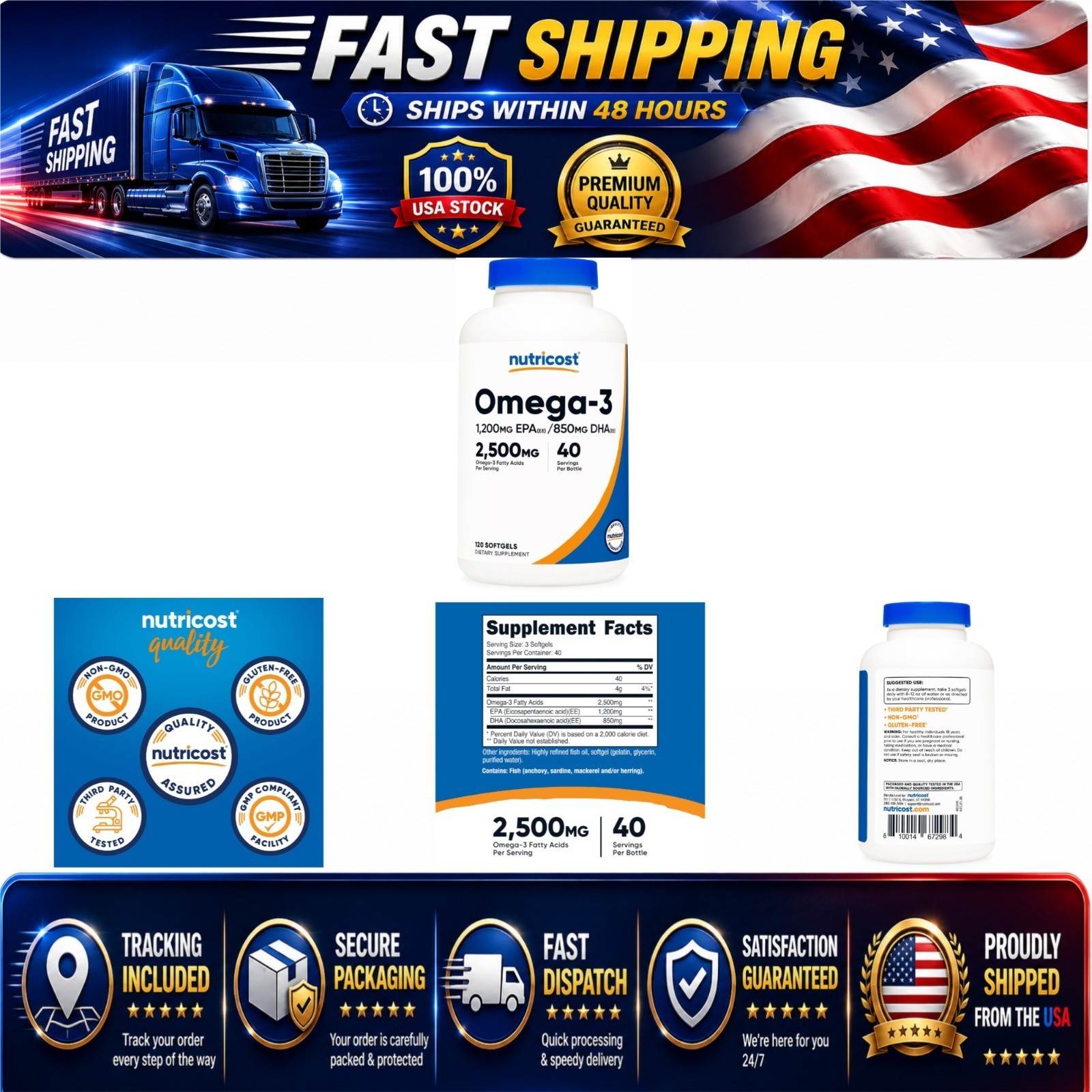 Nutricost Omega 3 Fish Oil 2500MG – 120 Softgels – Non-GMO, Gluten Free