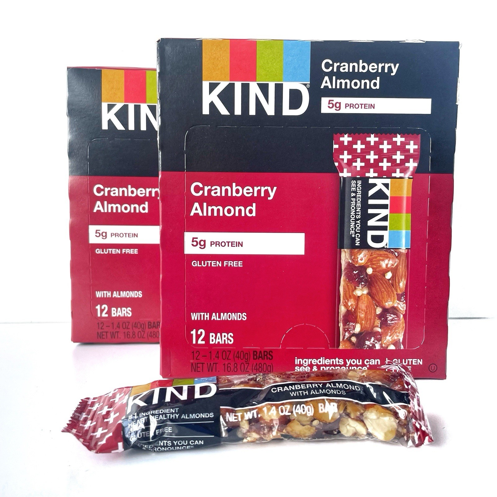 KIND Cranberry Almond Snack Bars 12 Bars Box 1.4 oz Each Gluten Free 2 Packs