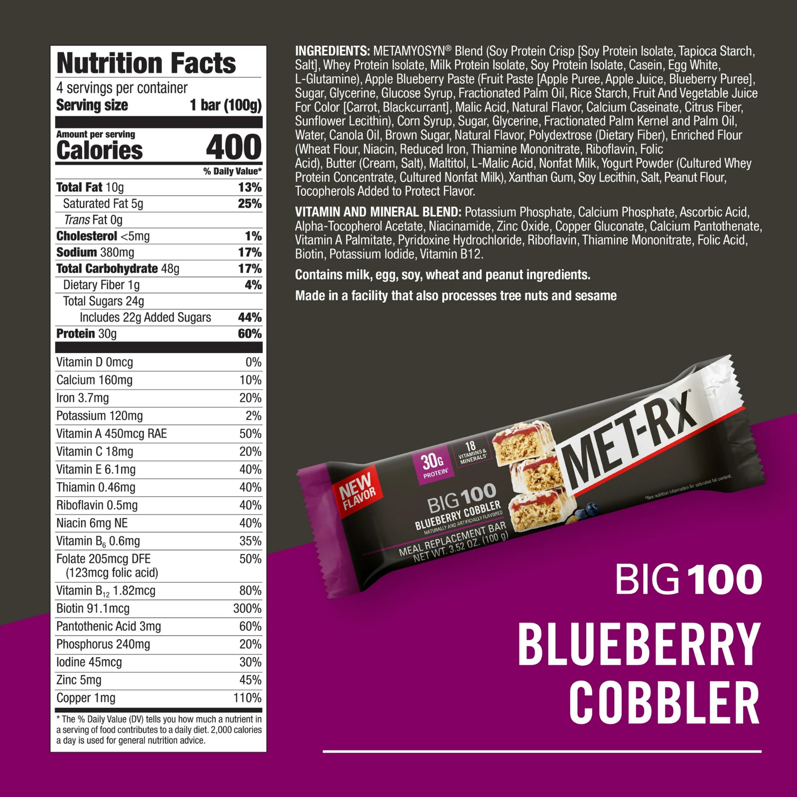 MET-Rx Big 100 Protein Bars, Blueberry Cobbler Meal Replacement Bars, 4 Ct