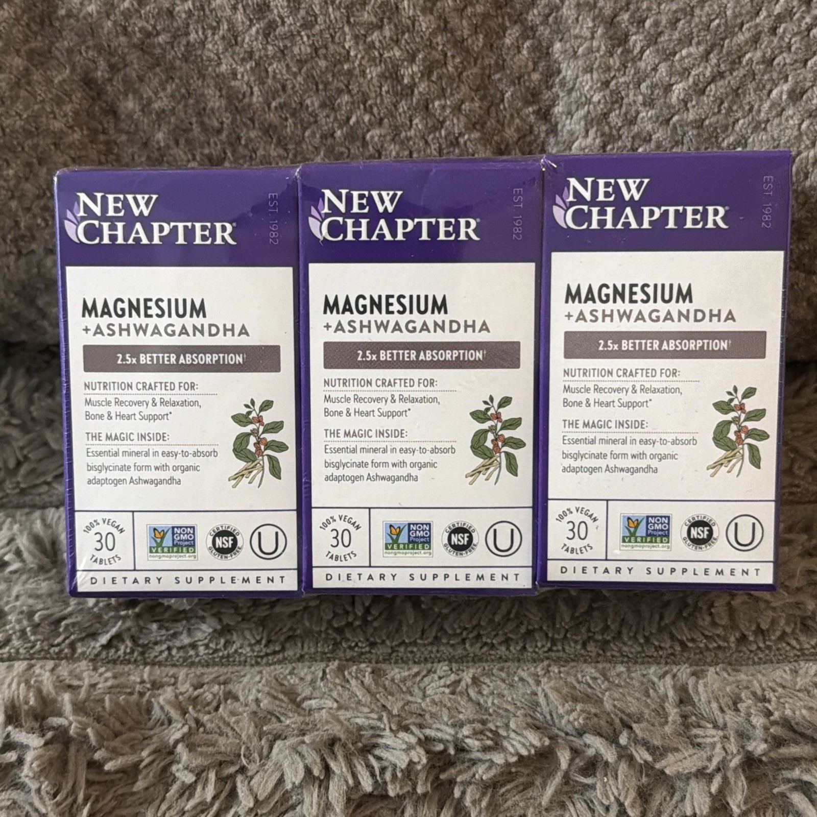 3 Boxes – New Chapter Magnesium Ashwagandha 30 tablets Each – Exp 09/27 Fresh!