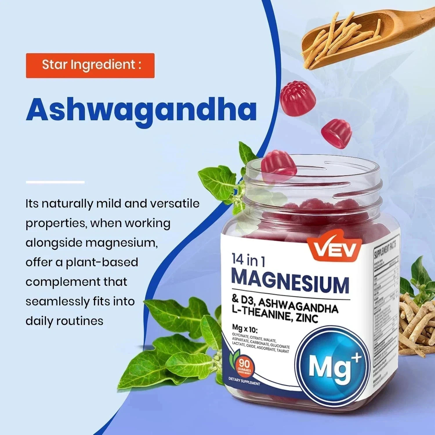 VEV 14-in-1 Magnesium Gummies – 10 Mg Types + D3, Ashwagandha – 90 Ct (2-Pack)