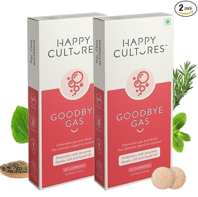 VELBIOM Happy Cultures Goodbye Gas All Types Of Gas Relief, 60 Chewables.