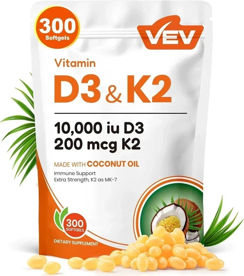 VEV Vitamin D3 Con K2 10000 IU, 300 Virgin Coconut Oil Softgels, 2 in 1 Vitamins