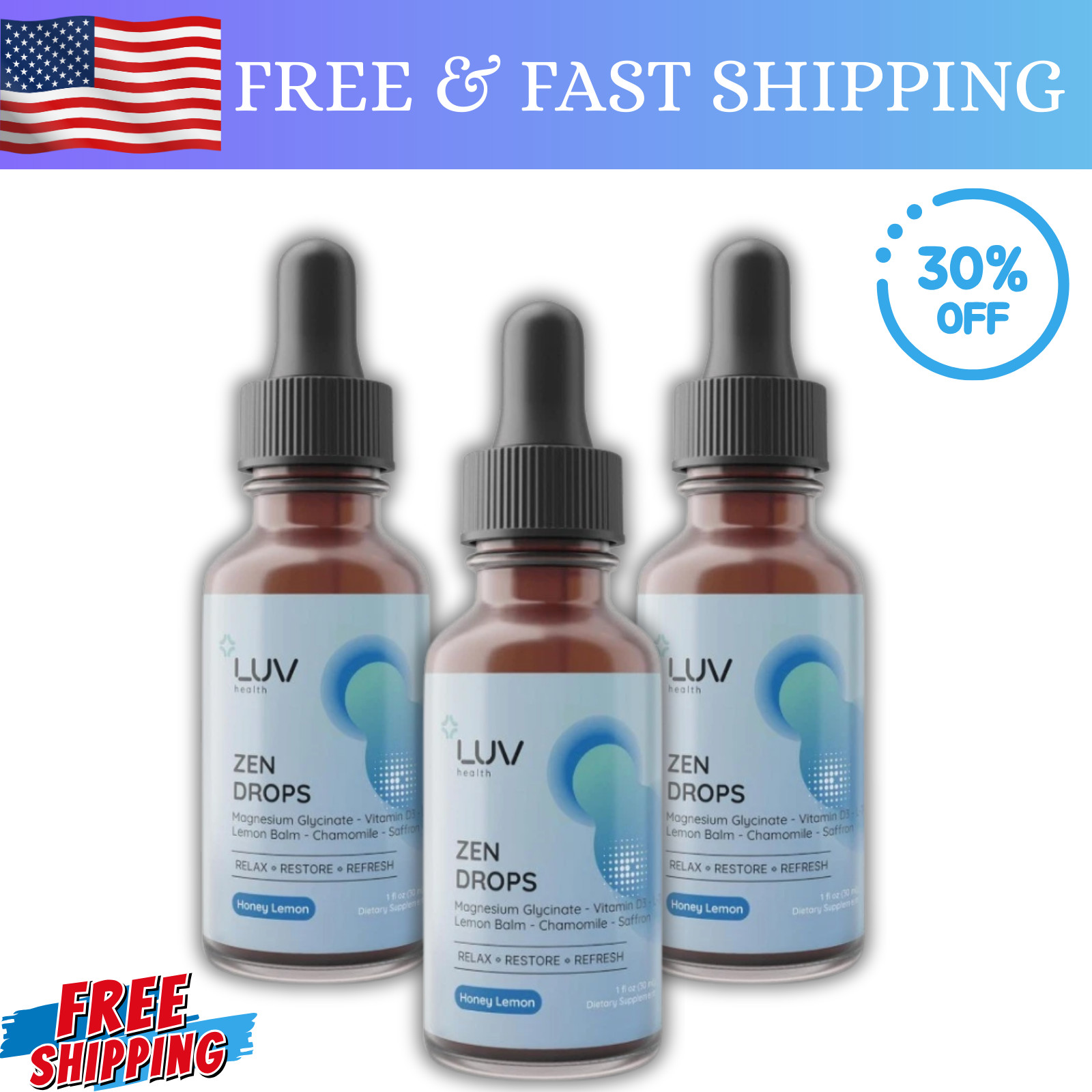 LUV Zen Drops Stress Support with Magnesium Glycinate and Lemon BalM 3 PACK.