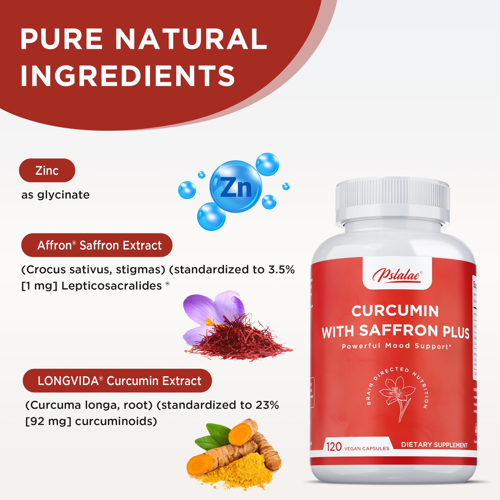 CURCUMIN WITH SAFFRON PLUS – for Mental Focus & Memory, improve mood, Non-GMO