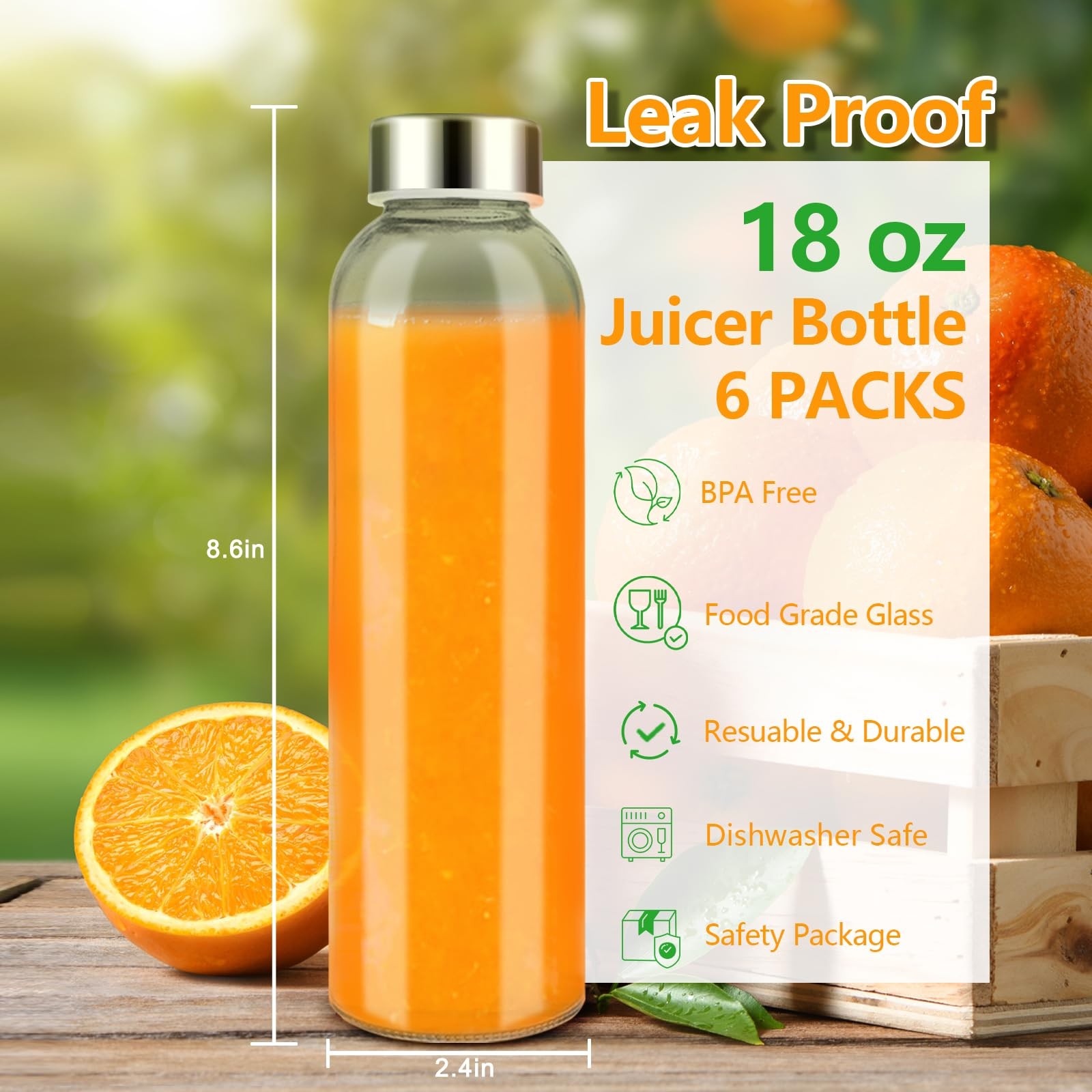 Zukro Glass Juice Bottles with Lids for Juicing 18 18 oz, Silver lid- 6 pack
