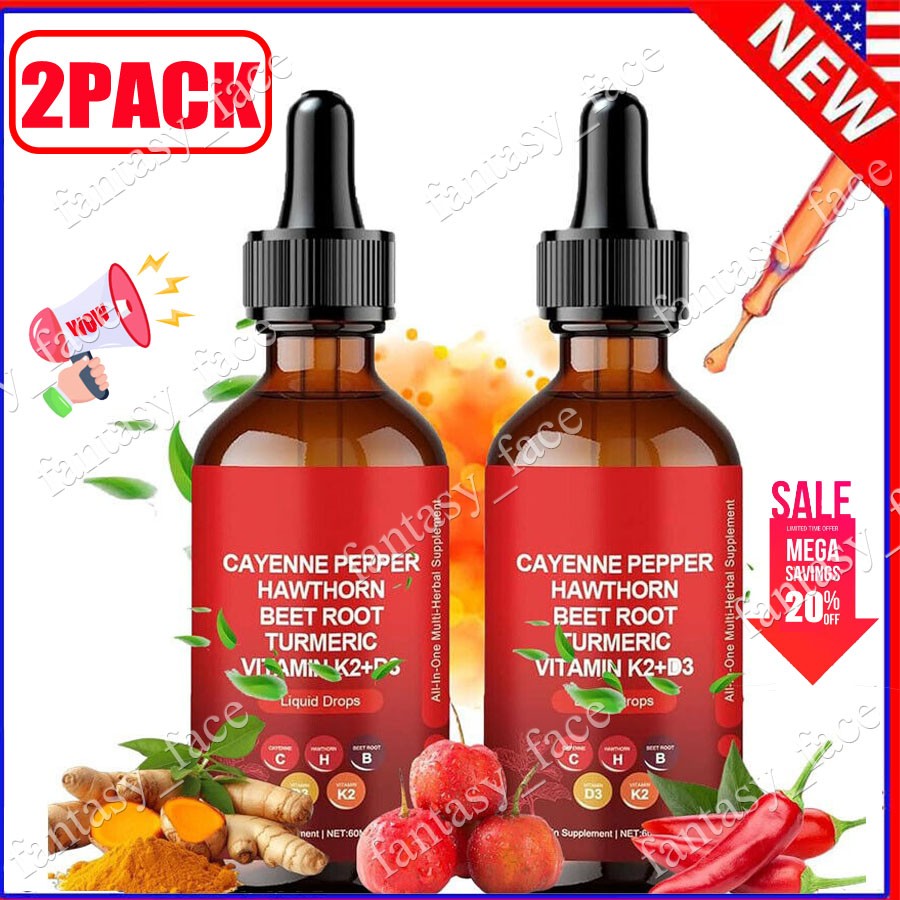 Cayenne 2PCS Pepper Hawthorn Beet Root Turmeric Vitamin K2+D3 Liquid Drops 60ML