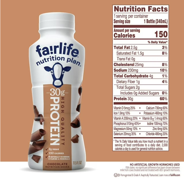 2-Pack Fairlife Nutrition Plan 30g Protein Shake, Chocolate, 11.5 fl. oz.,12 pk.