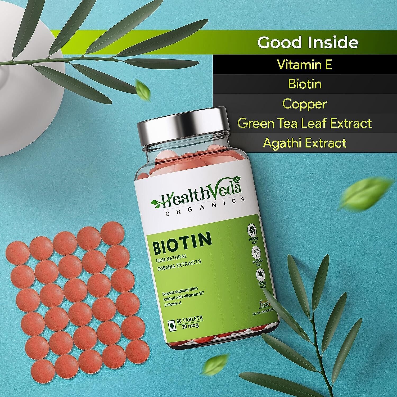 Health Veda Organics Biotin (60 Tablets) Supports Radiant Skin & Healthy Hair