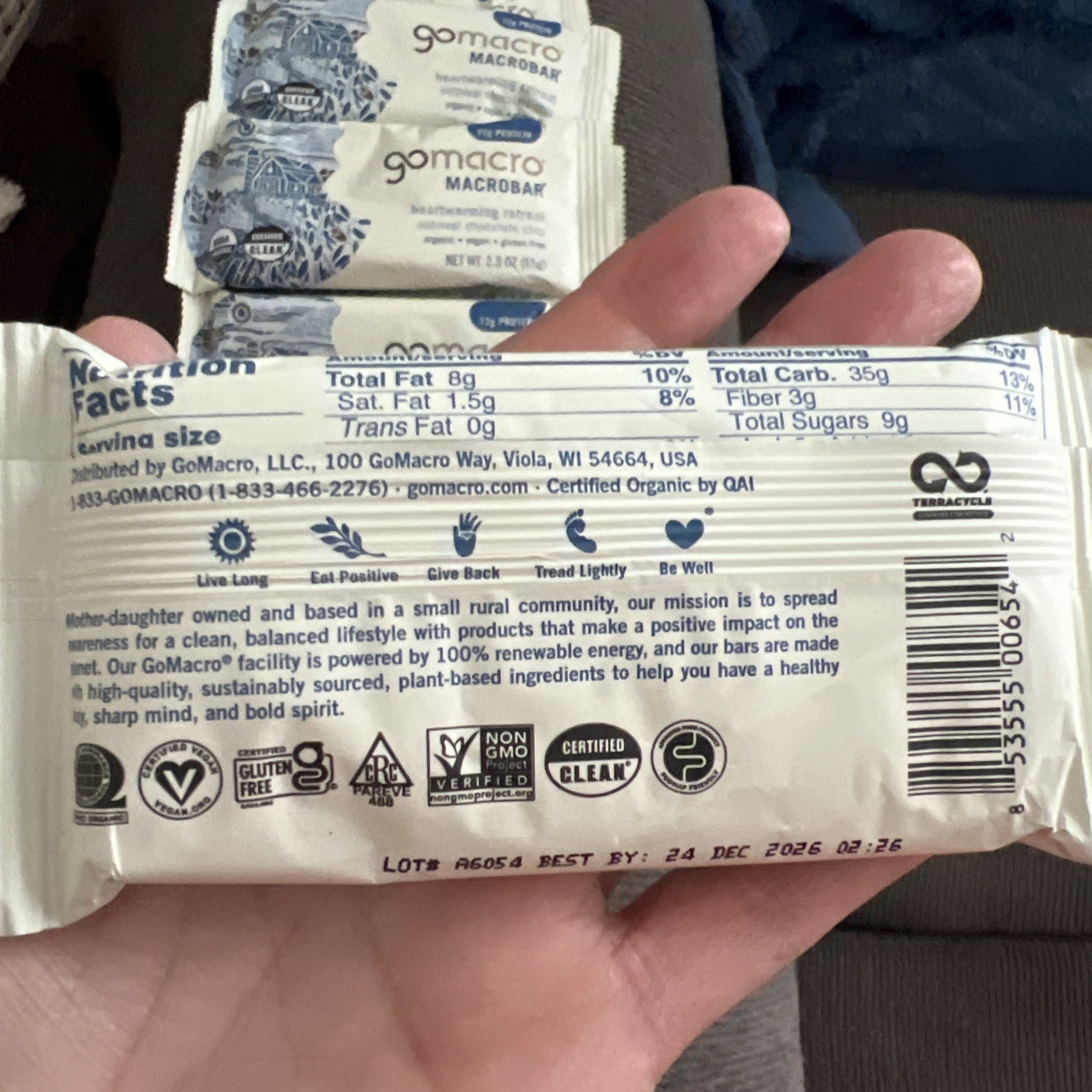 GoMacro Bars – Organic Oatmeal Choc Chip Vegan Gluten Free– 12 Ct (2.3 oz Each)