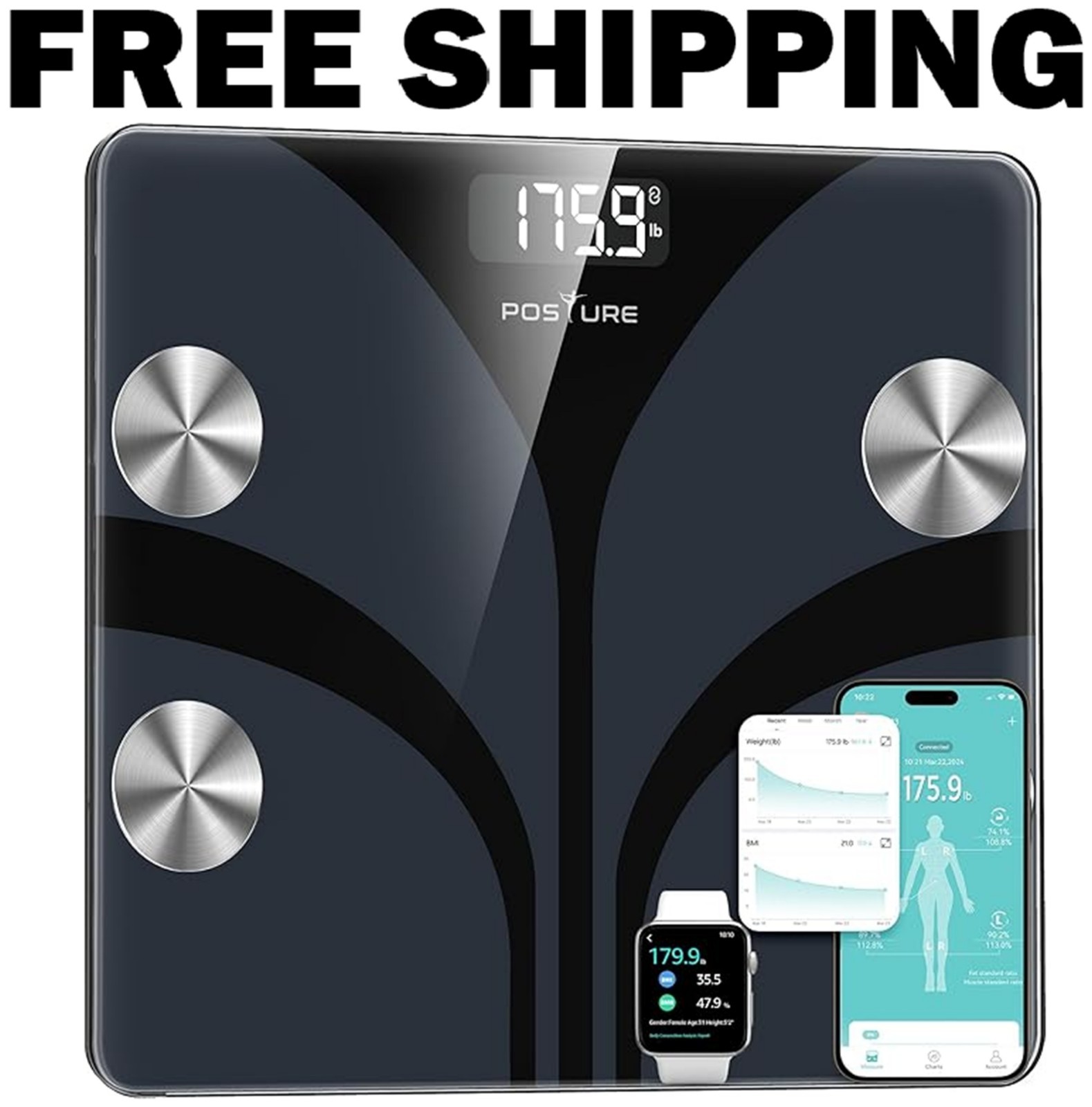 Posture Smart Body Weight Scale Digital BMI Fat Analyzer Bluetooth 400lb Black