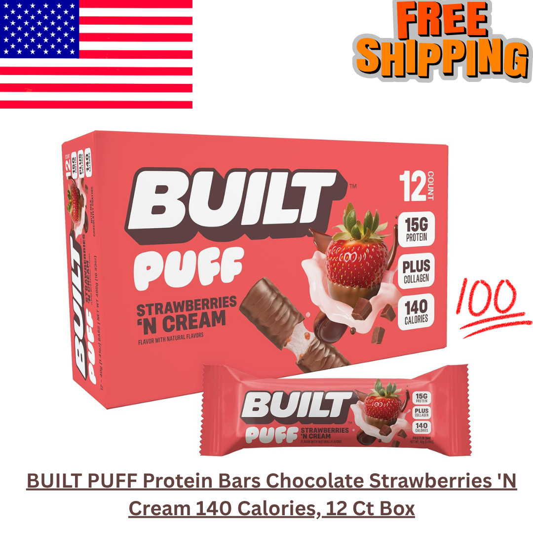 BUILT PUFF Protein Bars Chocolate Strawberries ‘N Cream 140 Calories, 12 Ct Box