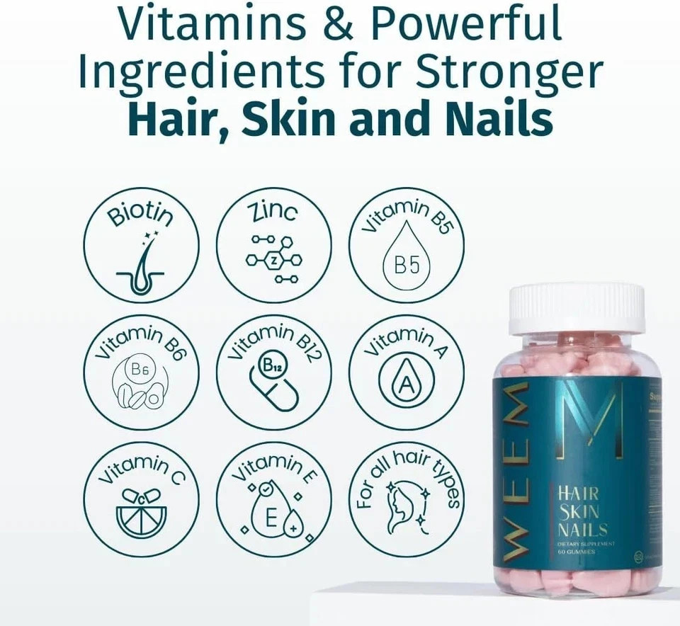 3 Pack WEEM Hair Skin and Nails Gummies, Vegan biotin Vitamins, Healthy Hair NEW