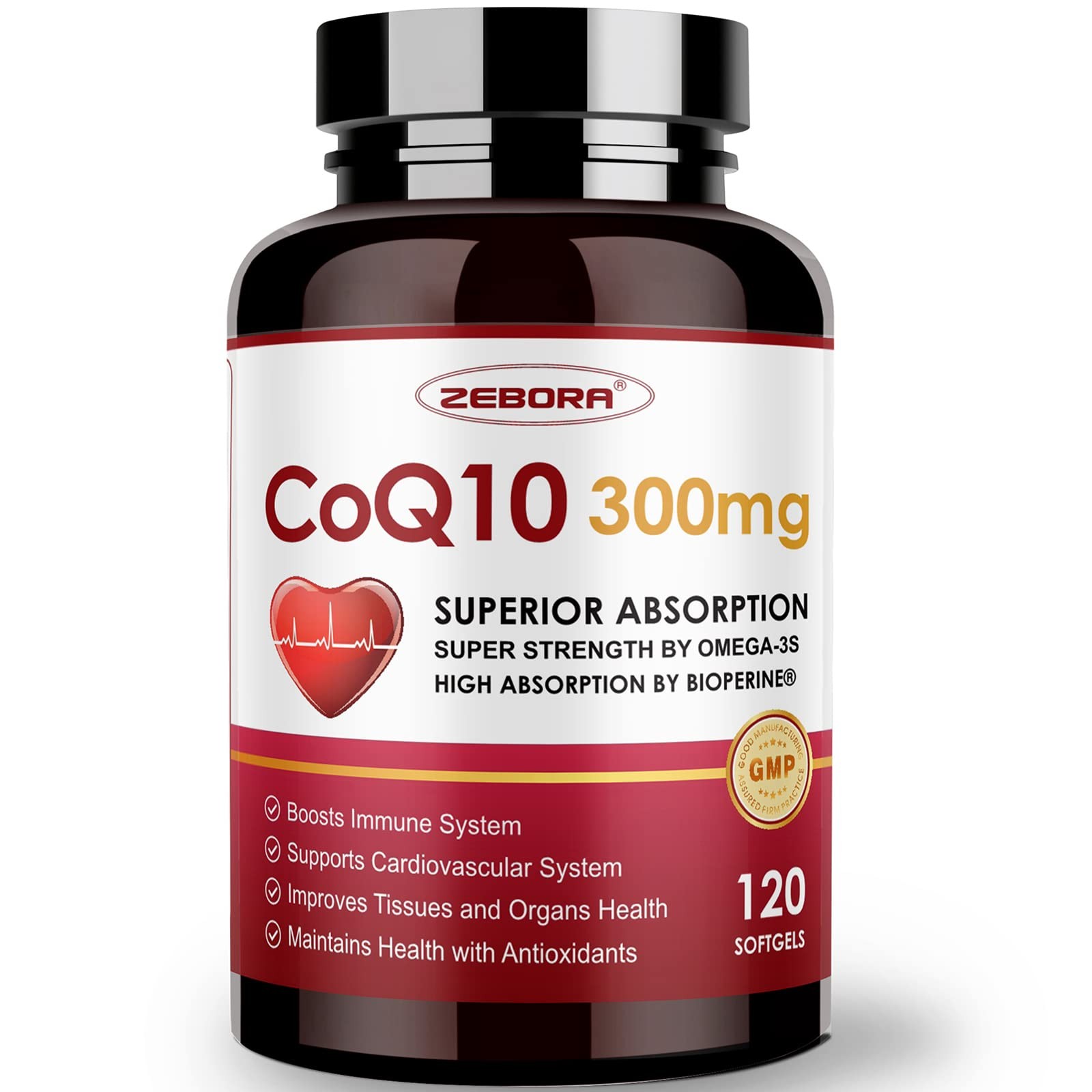 Zebora Coq10-300Mg-Softgels Pqq Bioperine Omega-3 120 Servings Coenzyme Q10