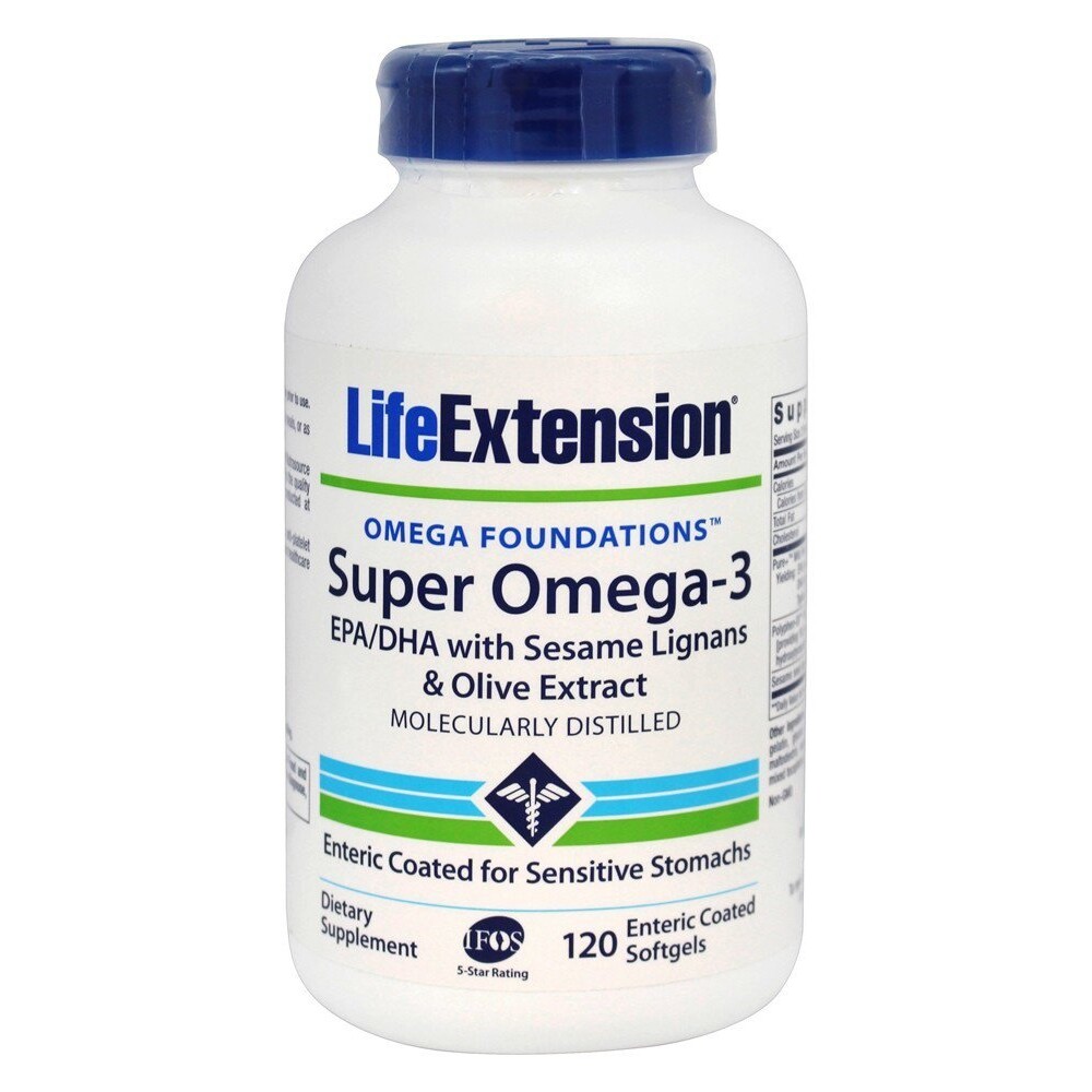 Life Extension Super Omega-3 EPA/DHA w/Sesame Lignans&Olive,120 Enteric Softgels
