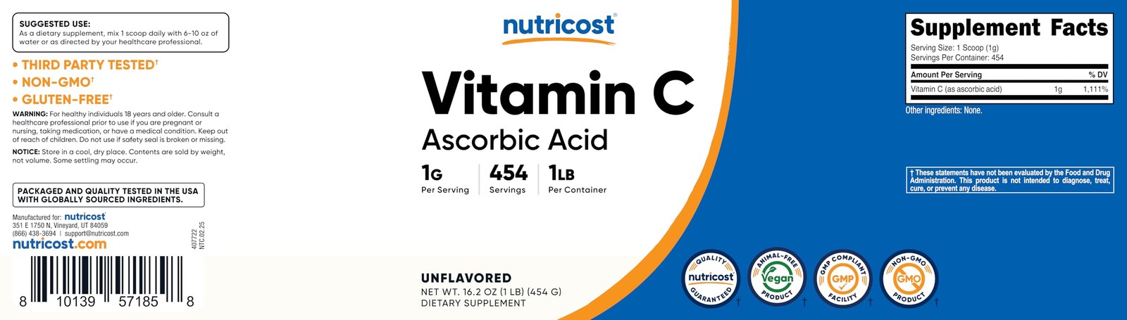 Nutricost Pure Ascorbic Acid Powder (Vitamin C) 1LB 16.2 Ounce (Pack of 1)