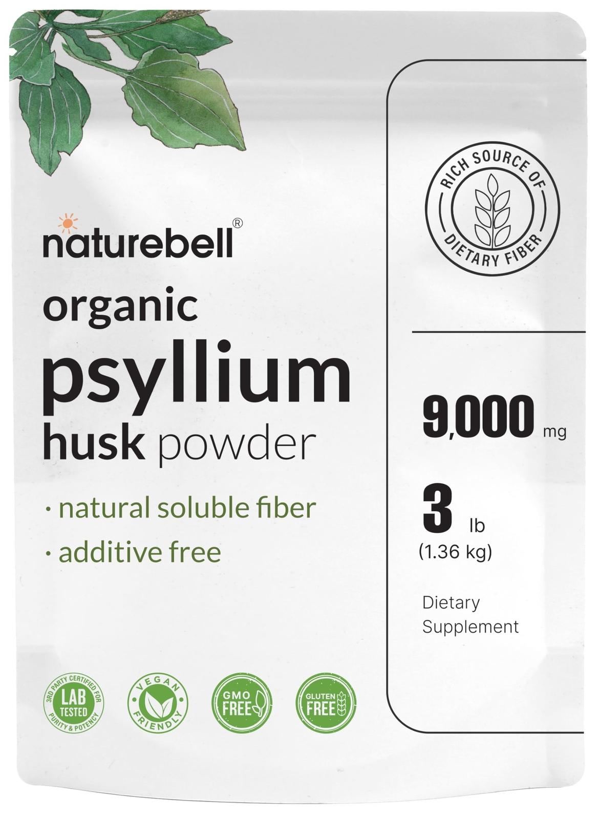 Organic Psyllium Husk Powder, 3 Lbs (48 Oz) | 9,000mg Per Serving – Natura