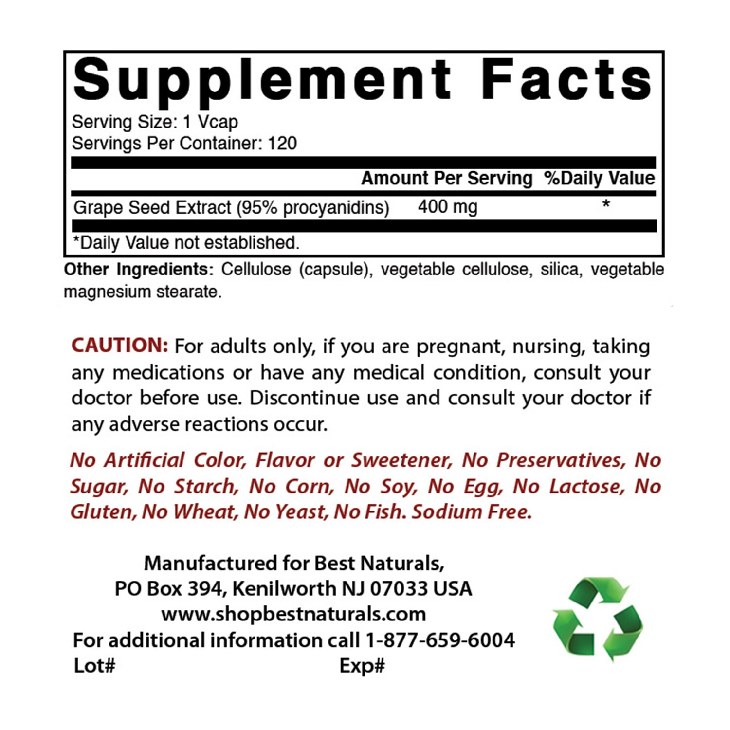 3 Pack Best Naturals Grape Seed Extract 400 mg Veggie Capsule, 120 Count