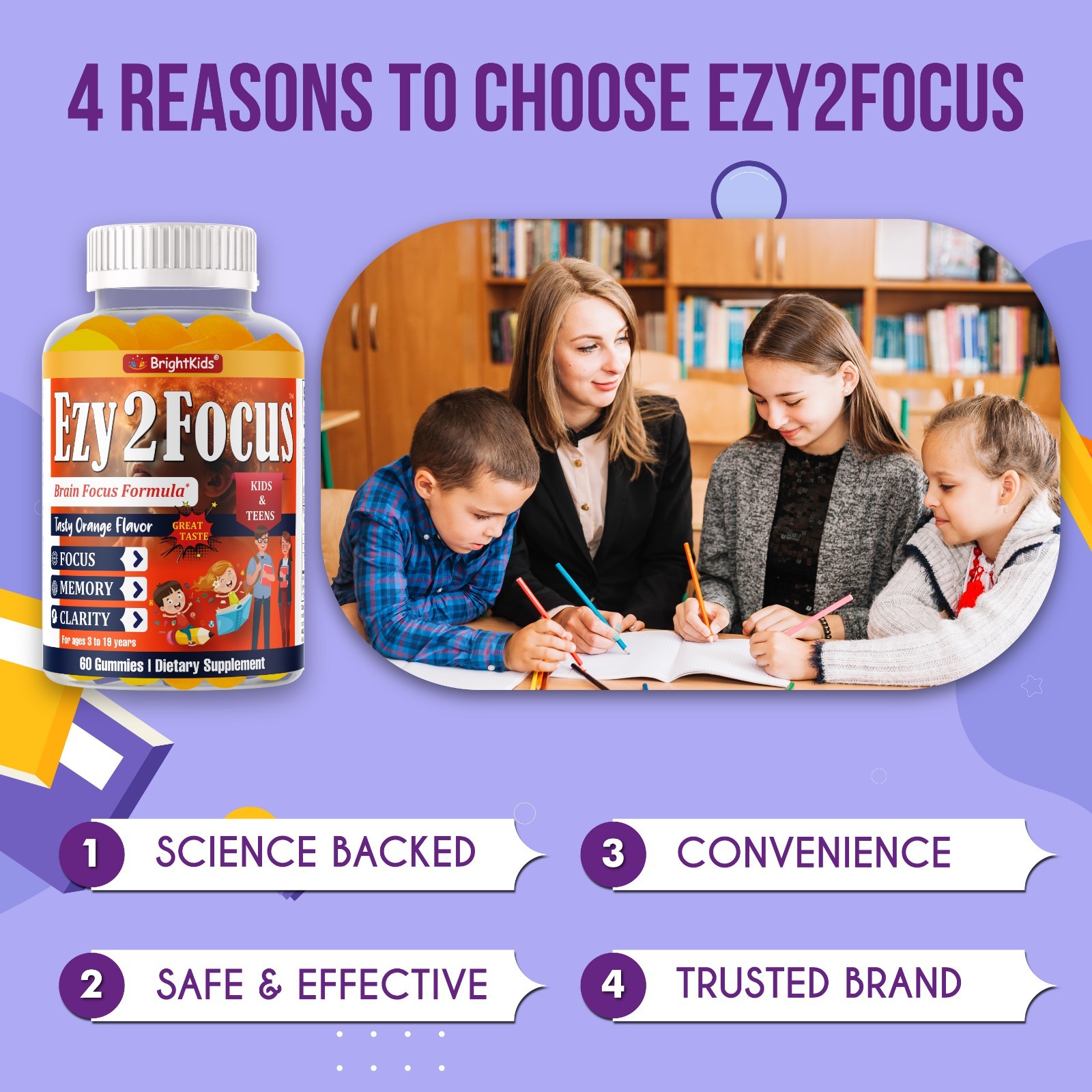 Ezy2Focus Brain Focus Gummies for Kids & Teens Memory Clarity Orange 60 Count