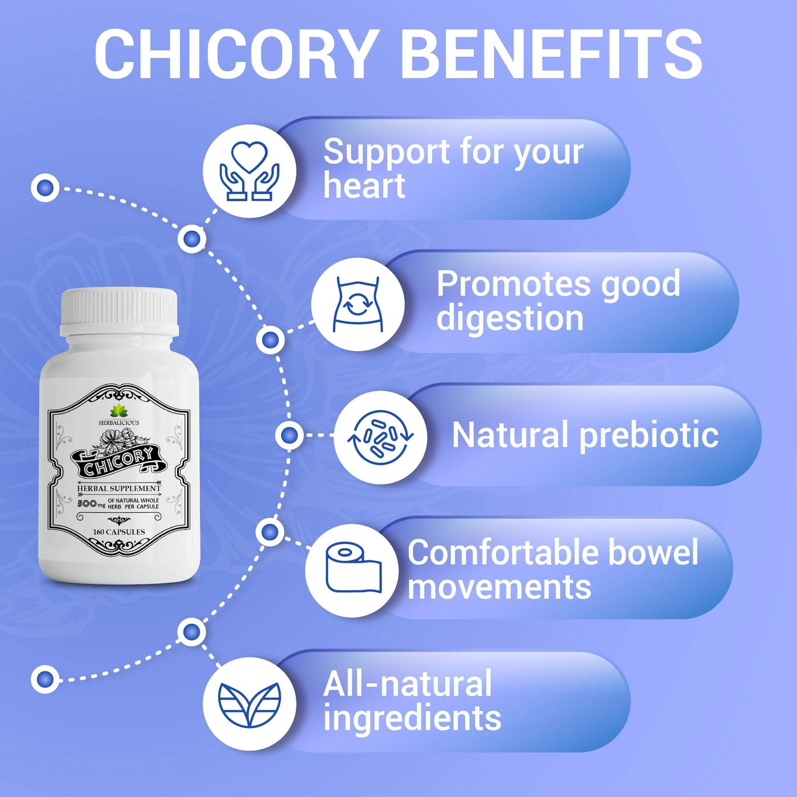 Chicory Root 160 Capsules – Prebiotic Supplement for Digestion, Immune Support