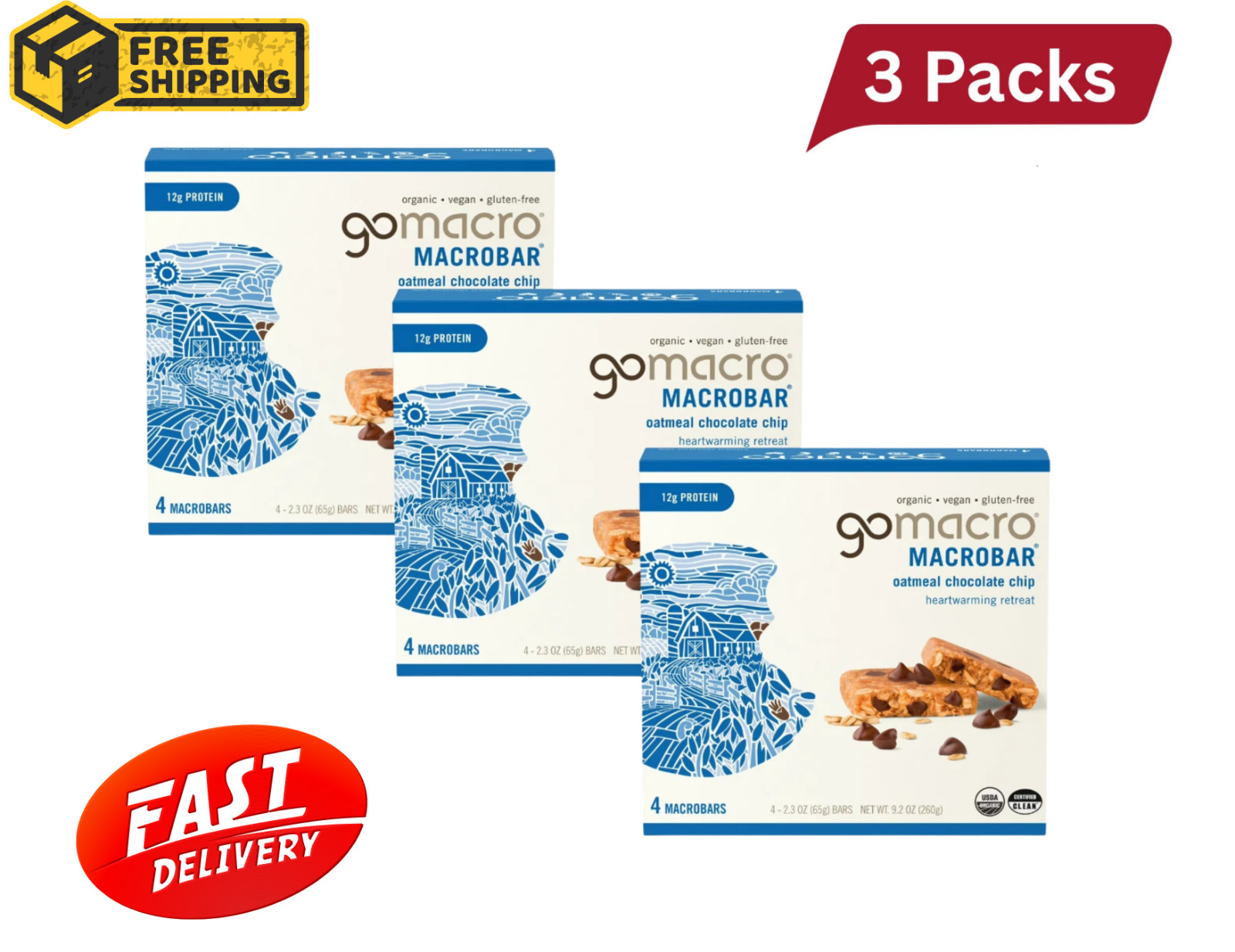 GoMacro MacroBar Organic Vegan Protein Bars – Oatmeal Chocolate Chip 2.3oz 12 Ct
