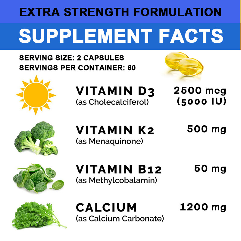 Calcium Capsules With D3+K2+B12,Strong Bone & Muscle,Boost Immunity, 2 Bottle