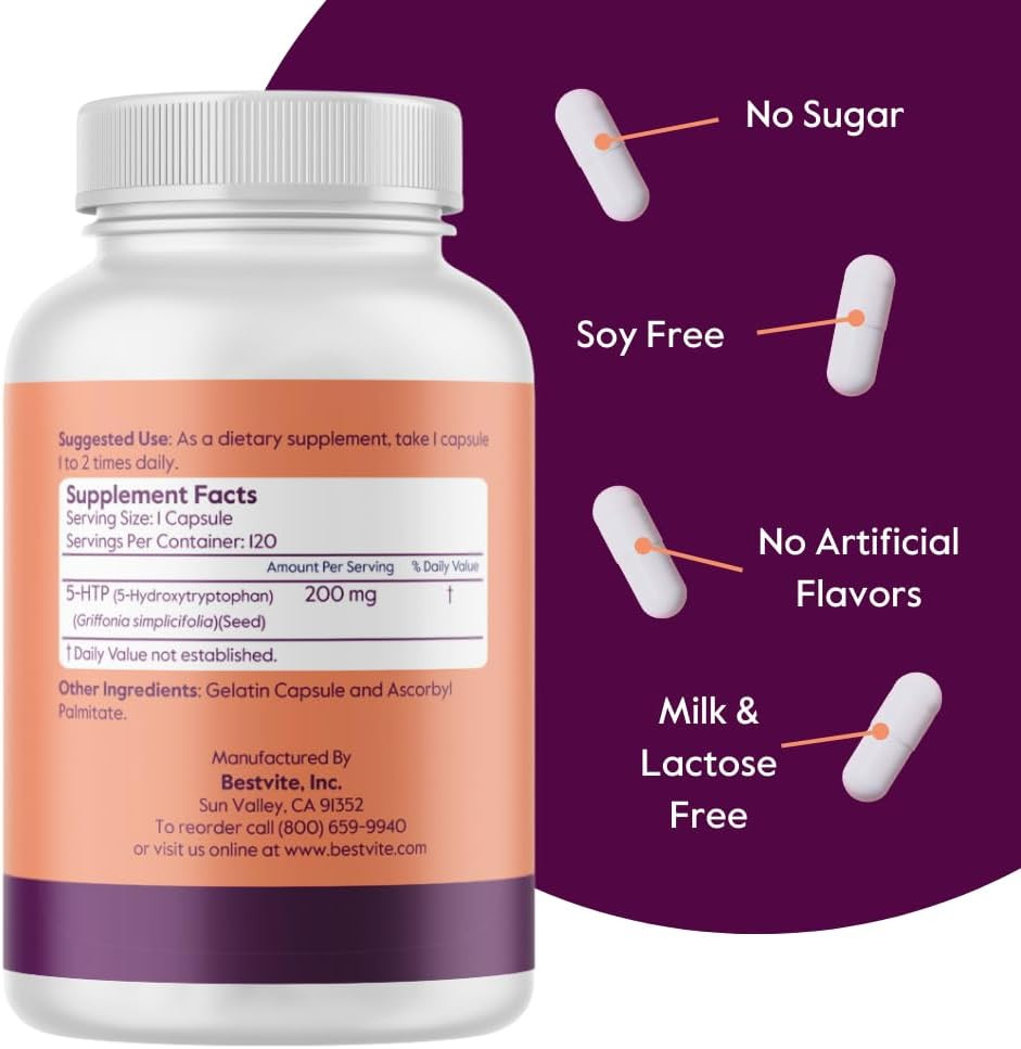 5-HTP 200Mg per Capsule (240 Capsules) (120 X 2) – No Stearates or Flow Agent…