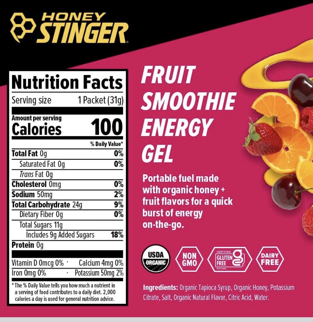 New 24 Pack Honey Stinger Organic Fruit Smoothie Energy Gel 26.4 Ounce