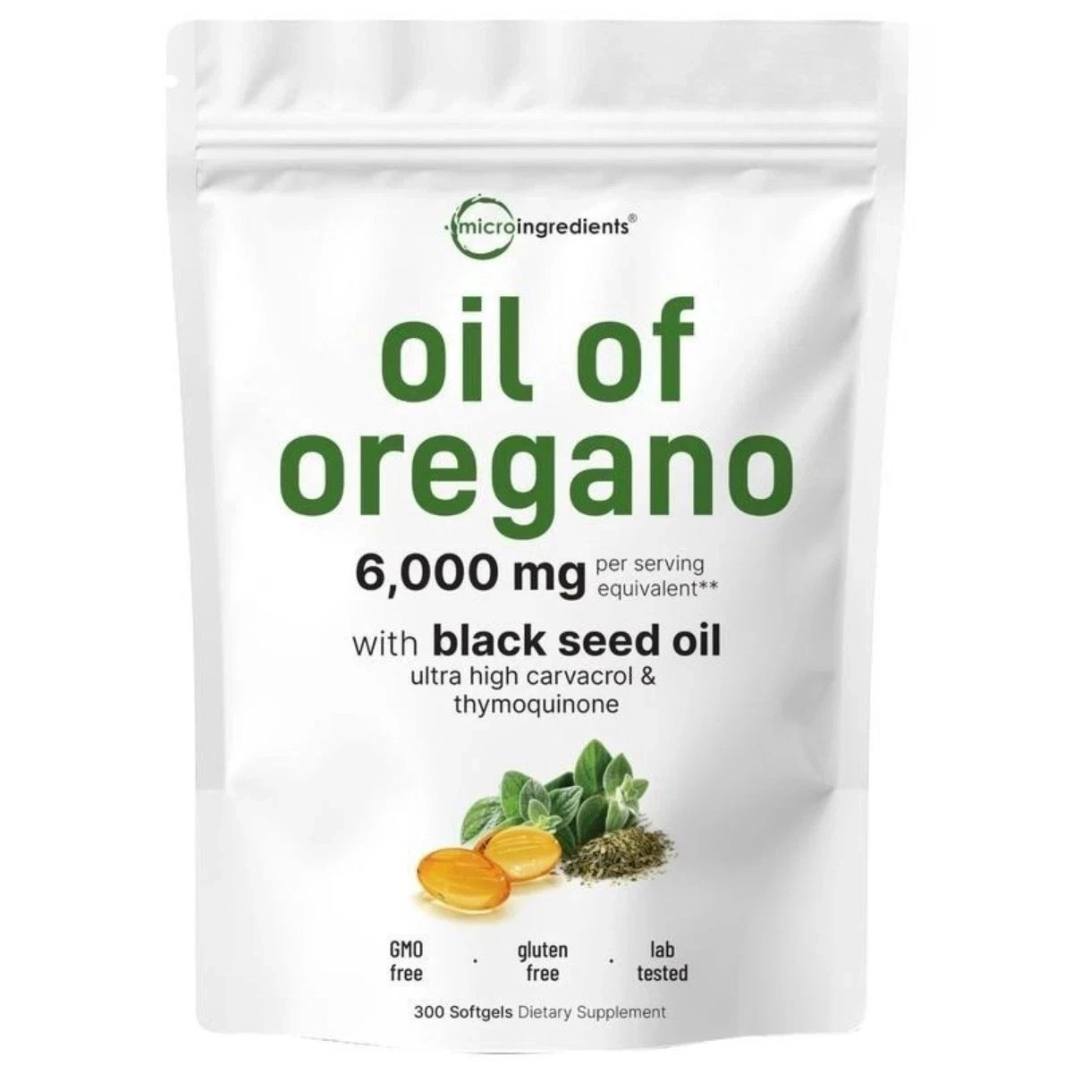 Micro Oil Ingredients of Oregano 6000mg with Black Seed Oil 300 Softgels
