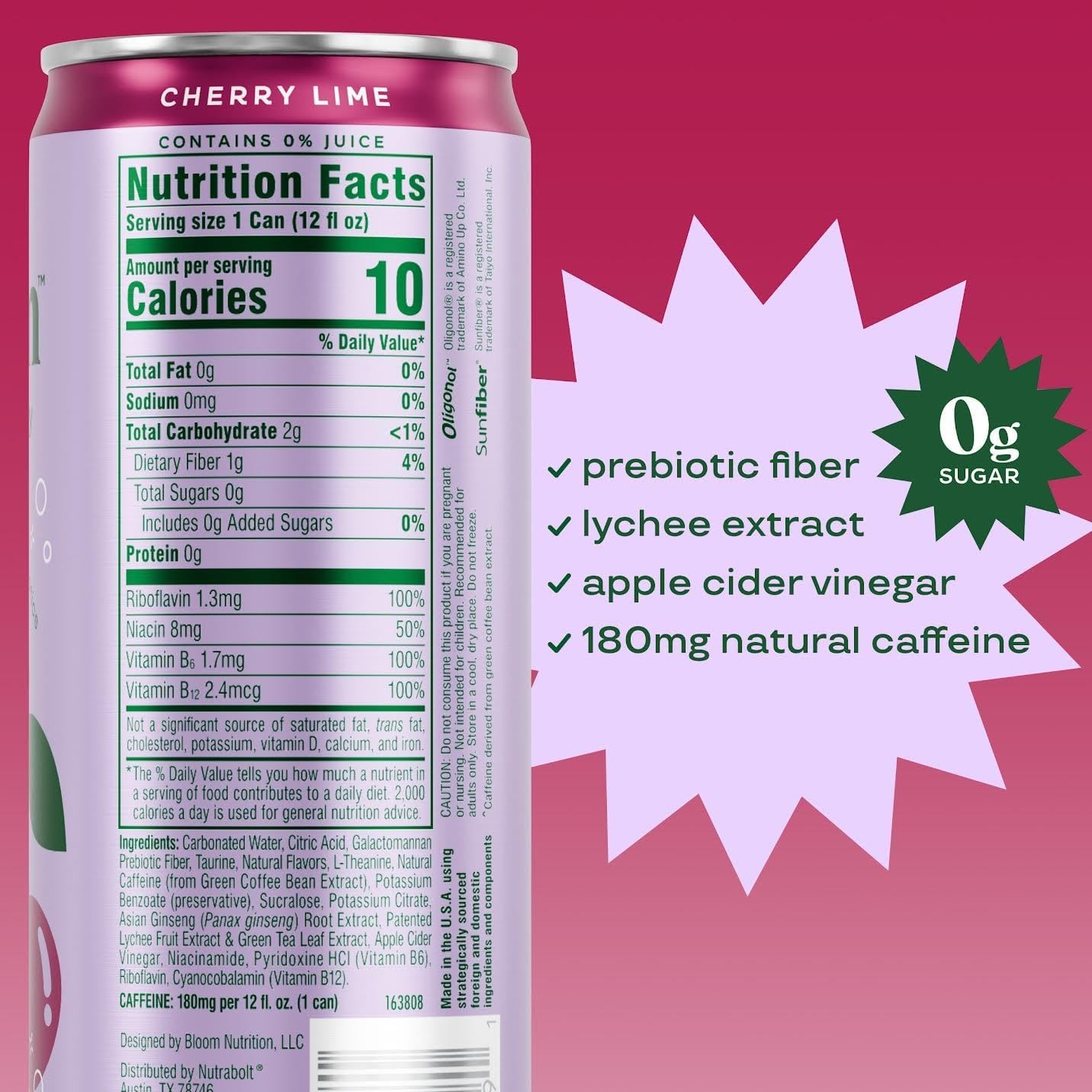 Bloom Nutrition Sparkling Energy Drink Zero Sugar Cherry Lime 12oz Prebiotics