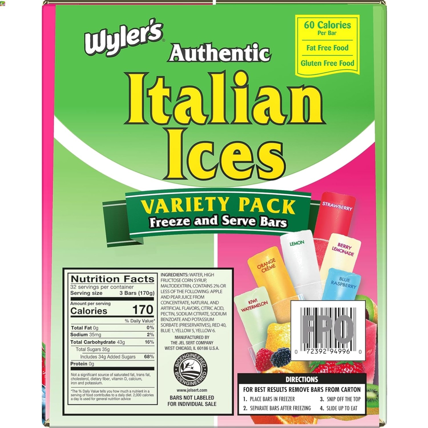 Authentic Italian Ice, Fat Free Freezer Bars, Assorted Flavors 96ct – 2oz bars
