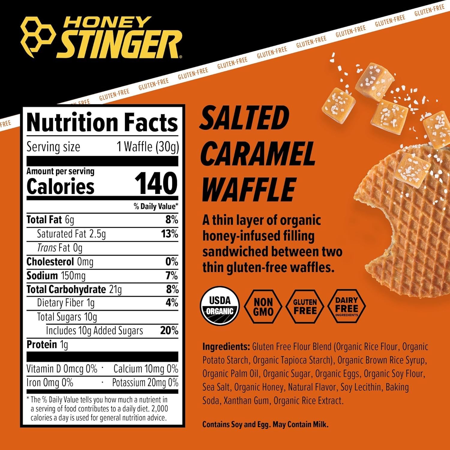 Honey Stinger Gluten Free Waffle Salted Caramel 12 Packets Each (Pack of 3 Boxes