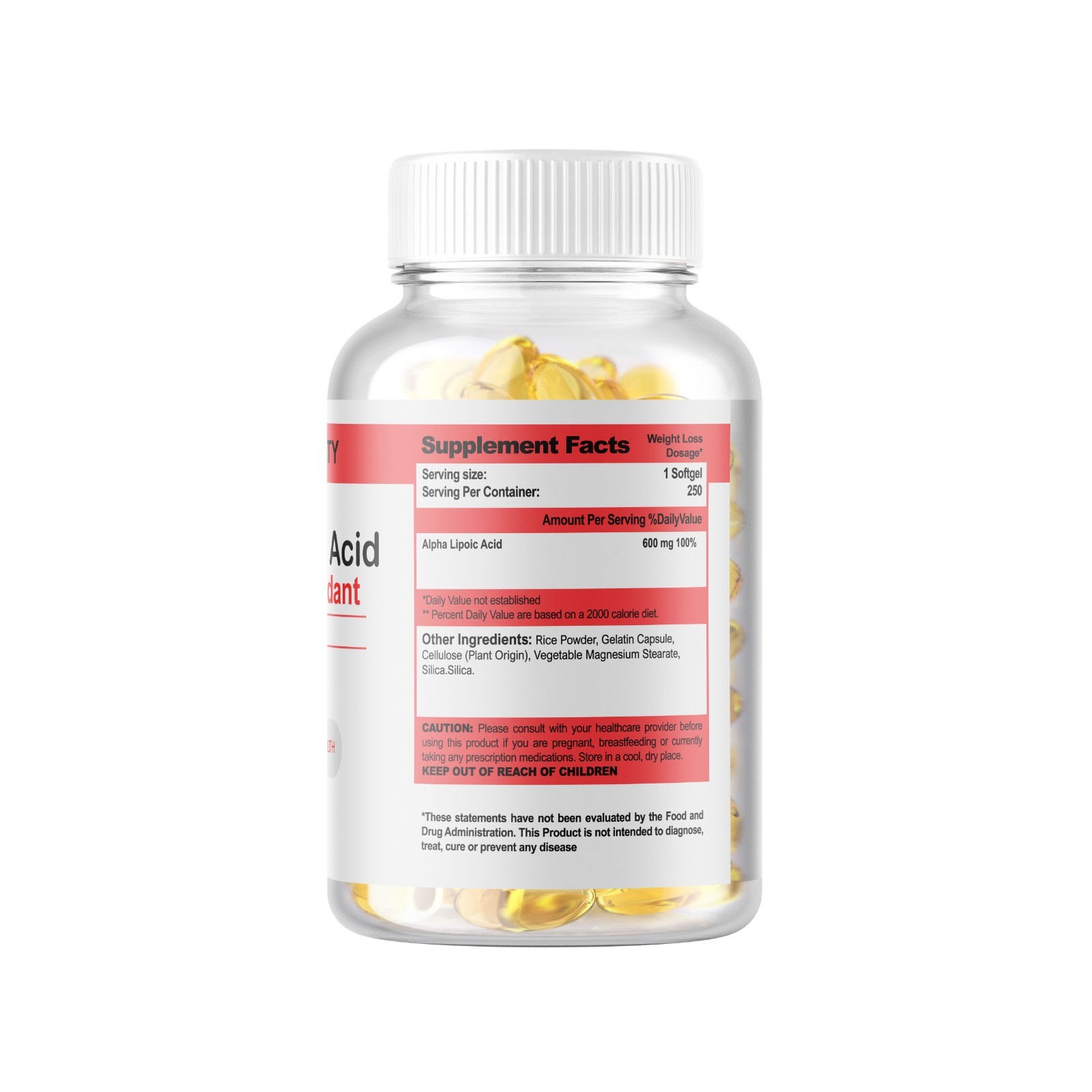 250 Softgels Alpha Lipoic Acid 600mg Per 250 servings