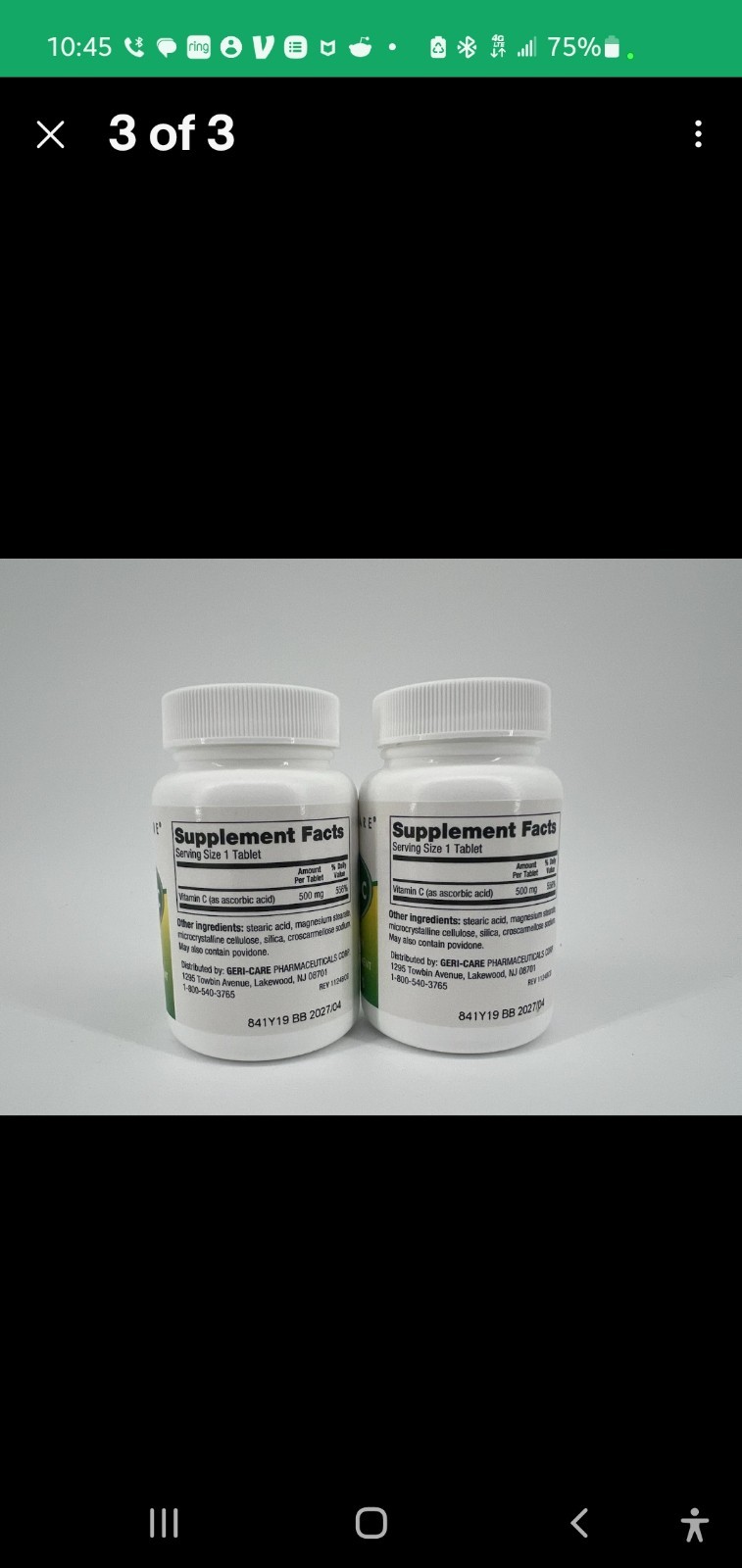 Pack of 2 GERI CARE Vitamin C 500mg 100 Tablets Each Exp 03-2027