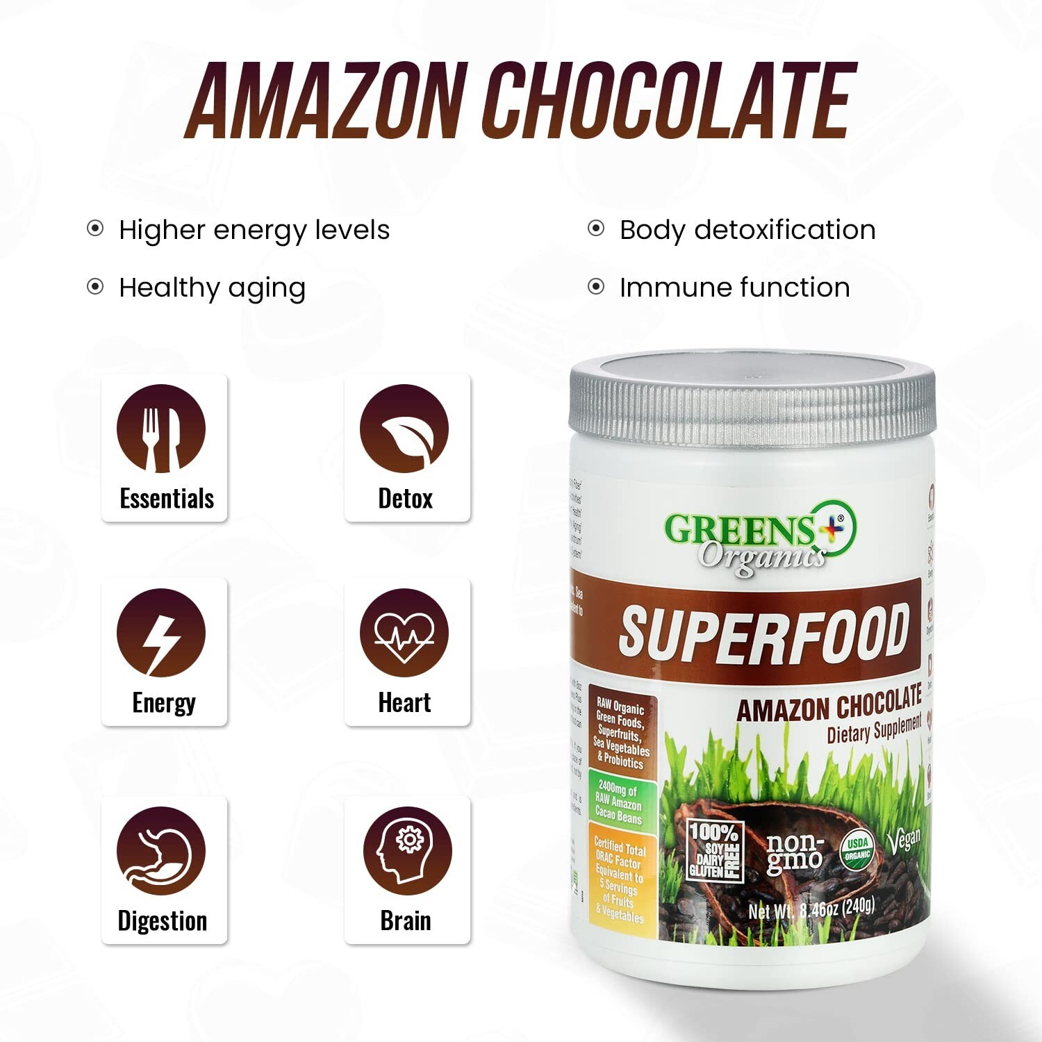 Greens Plus Organic Superfood Amazon Chocolate | Vegan Greens Powder | 8.46 Oz