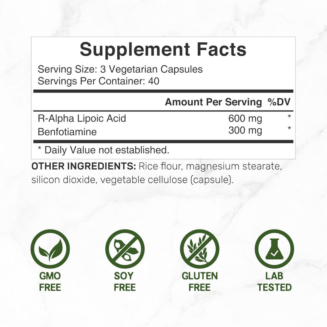 R Alpha Lipoic Acid 600Mg with Benfotiamine 300Mg per Serving, 120 Veggie Capsul