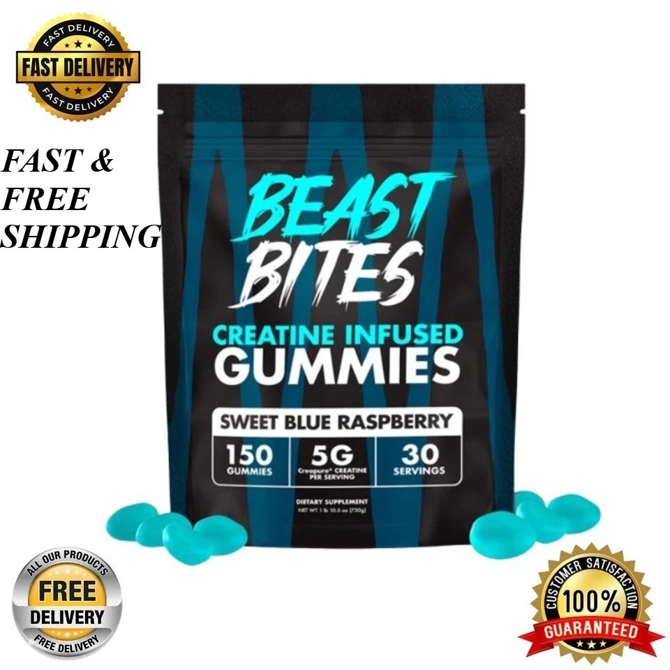3 PACKS-Beast Bites Creatine Infused Gummies Sweet Blue Raspberry – 30 Servings