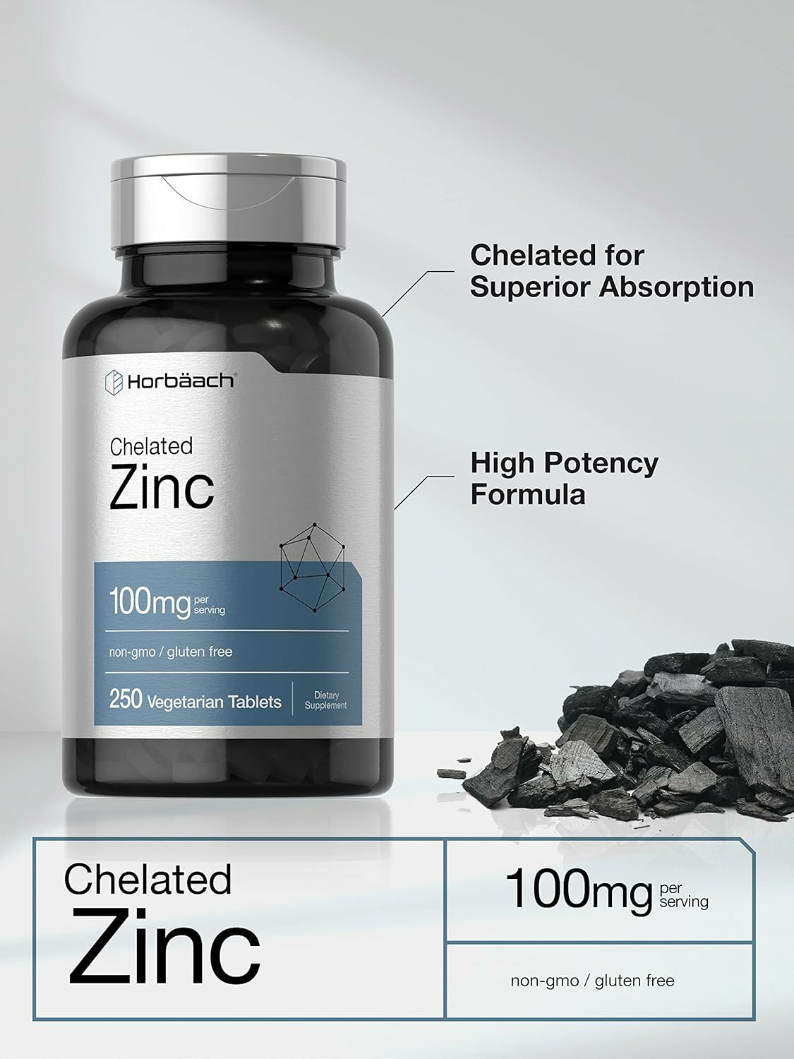 Chelated Zinc Supplement 100mg | 250 Tablets | High Potency | by Horbaach