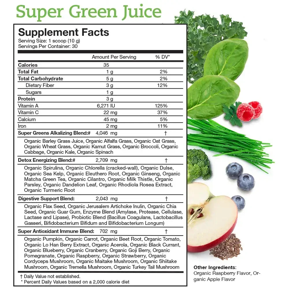 Super Green Juice Powder Organic Vegan Non GMO Gluten Free Greens 30 Servings